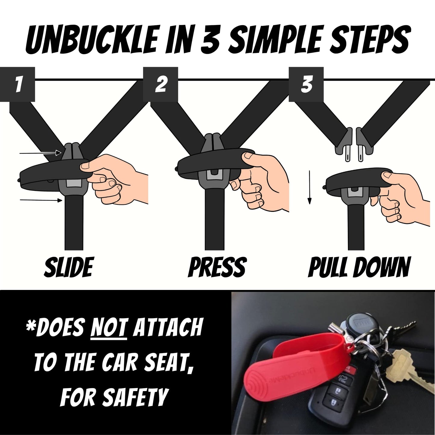 UnbuckleMe - Herramienta de liberación de hebilla de asiento de coche, ayuda fácil de abrir para artritis, uñas largas, niños mayores, empujador de botón para bebés, niños pequeños, asientos