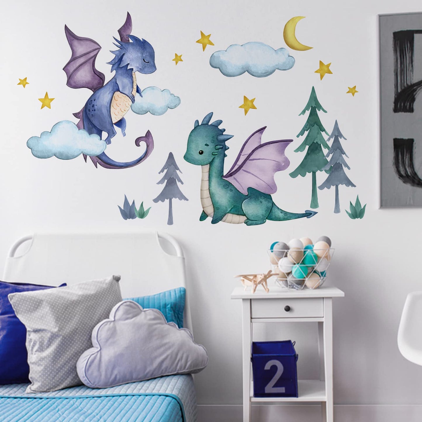 Yovkky Calcomanías de Pared de Dragón Bebé, Luna Estrellas Nubes Bosque Guardería Sala de Juegos Decoración, Habitación de Niños Decoraciones del Hogar Arte de Recámara de Niños Varones