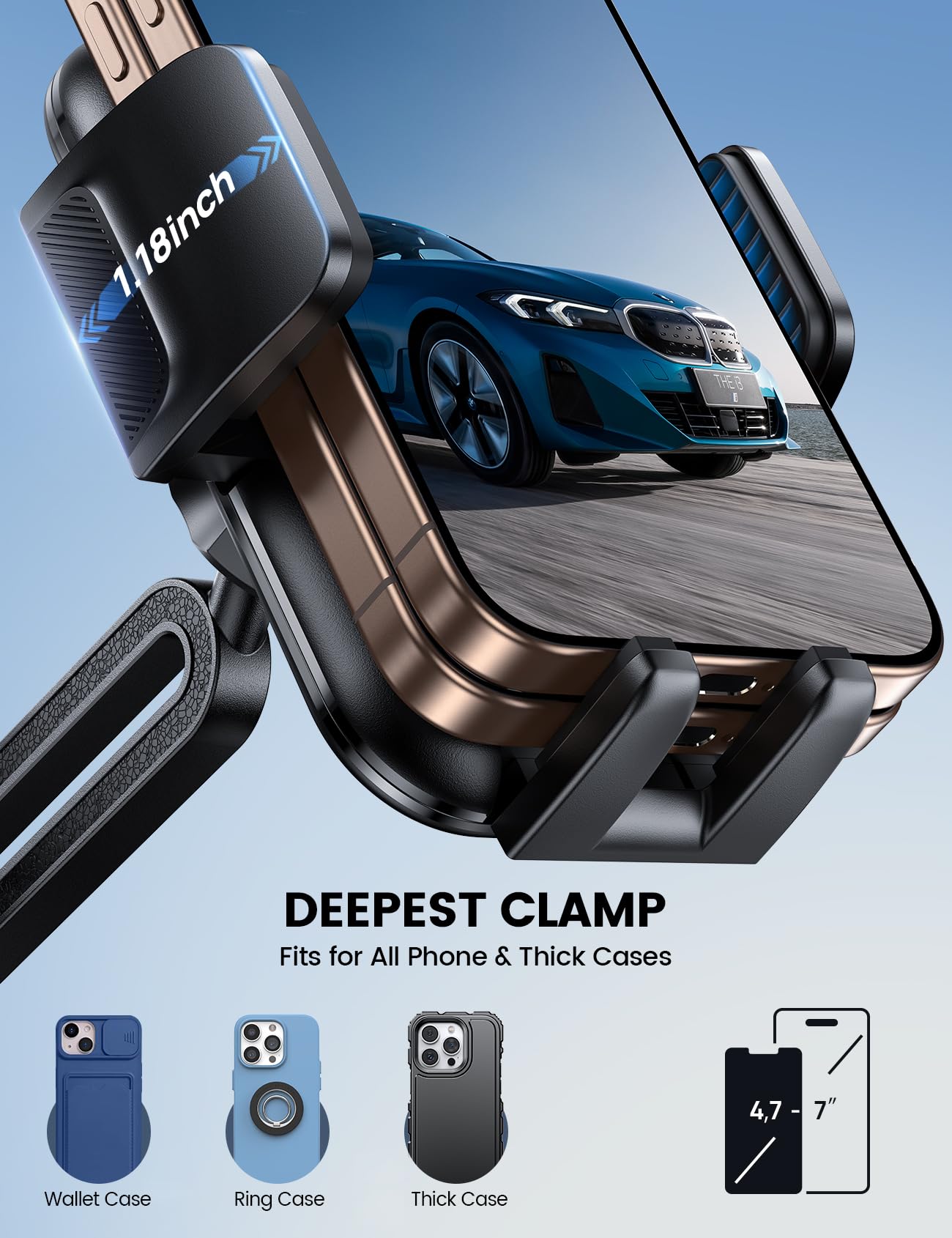 Lamicall Soporte Celular Auto Portavasos - [Fundas Gruesos Amigables] Cuello más Largo Ajustable, Base Celular Automovil, Porta Celular Carro Camión para iPhone, Samsung, 4-7" Inches Celular