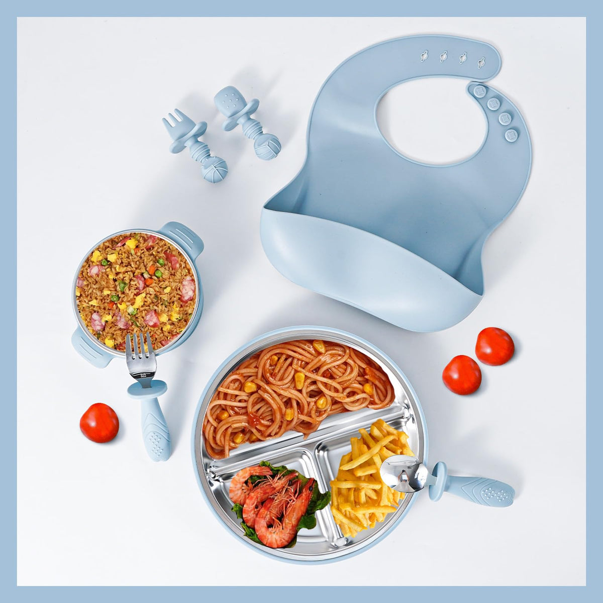 Juego de 7 piezas de acero inoxidable 304 para bebés y niños pequeños, platos divididos con succión, cuencos, tenedor de cuchara de silicona y acero inoxidable, babero de bolsillo irrompible, apto