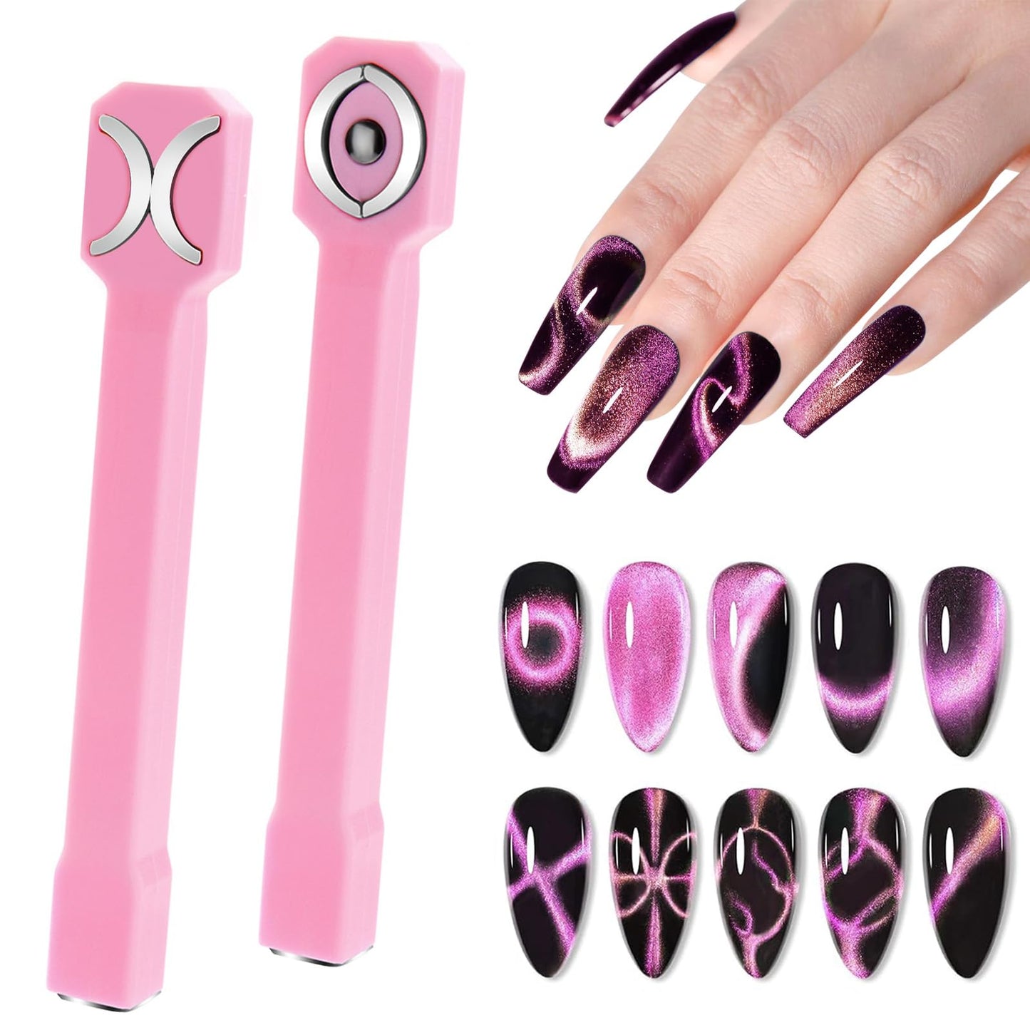 Herramienta de imán para uñas 3 en 1, bolígrafos magnéticos para uñas mejorados, imán multifunción 3D para esmalte de uñas en gel con efecto ojo de gato, para salón, estudio o hogar (HJ NAT253 rosa,