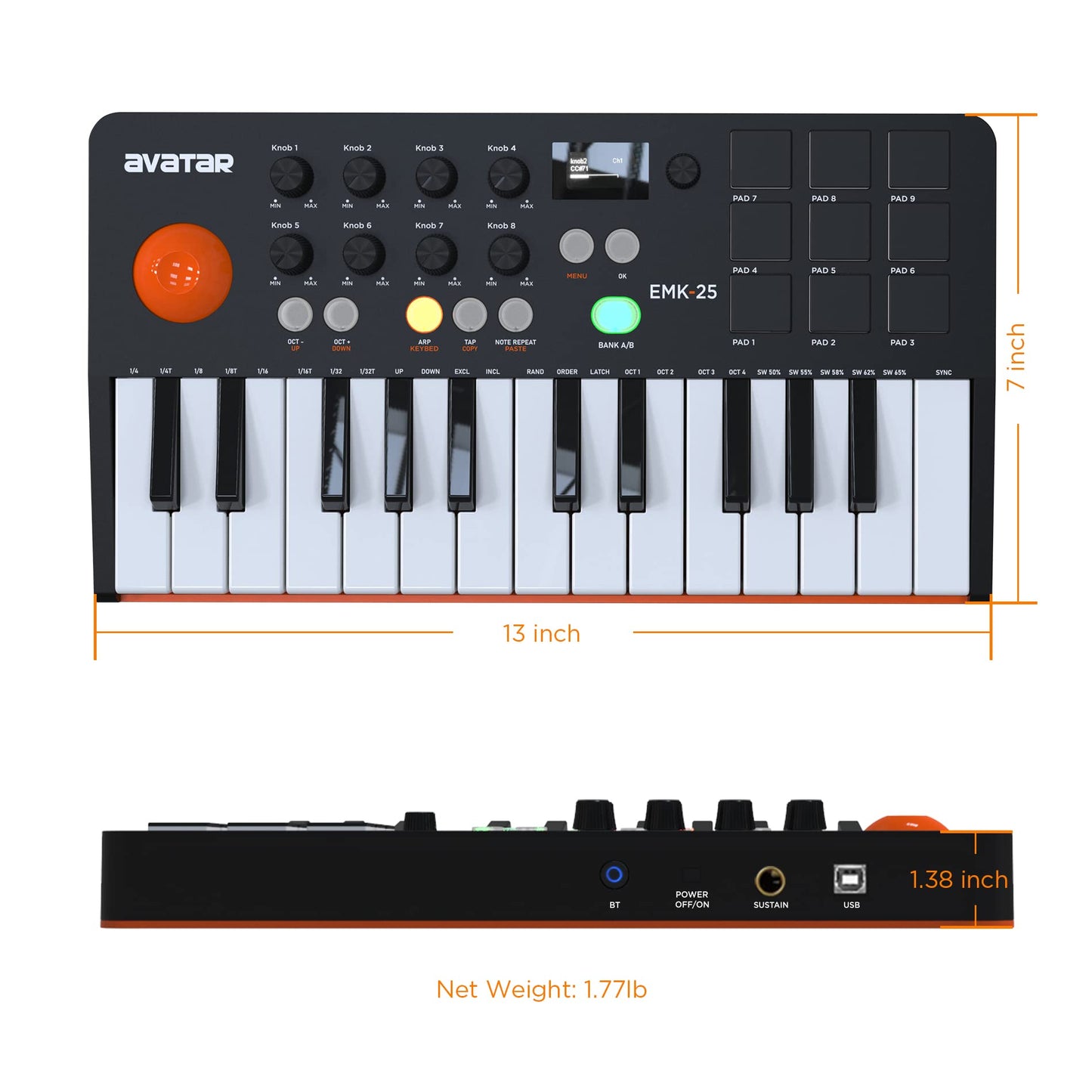 HXW - driver de teclado portátil Bluetooth MIDI, con 25 teclas, 9 almohadillas para orejas retroiluminadas, visualización OLED, 8 perillas, software incluido, alimentación por USB/operación de batería
