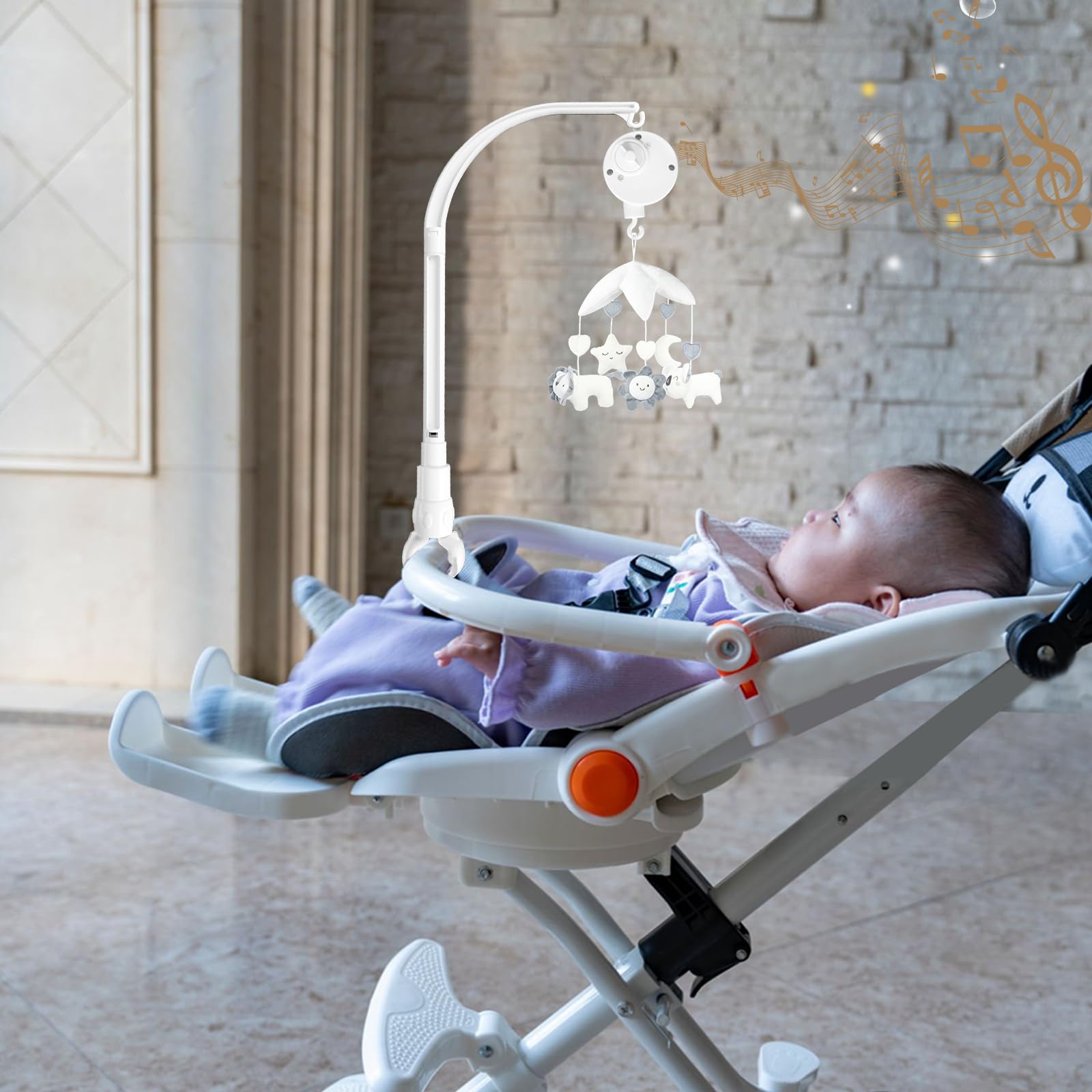 Soporte de Brazo para Cuna de Bebé con Caja de Música y Decoración de Juguetes Ajustable de 58,4 cm