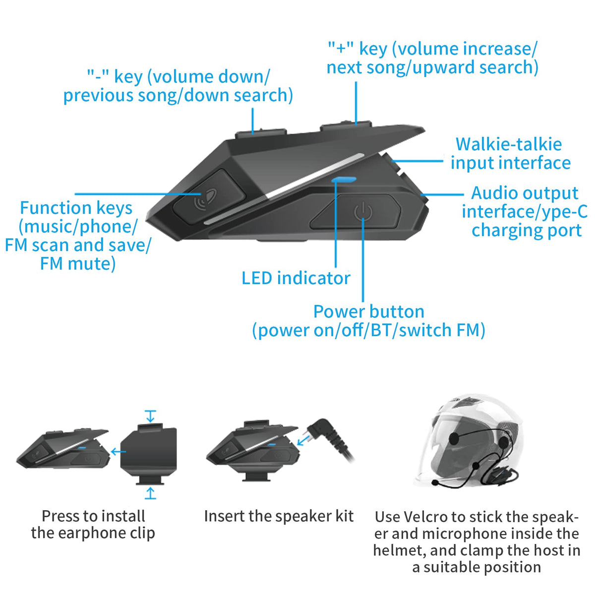 Auriculares Bluetooth VR-robot Negros para Casco de Motocicleta Impermeables con Intercomunicador Universal y Música Estéreo