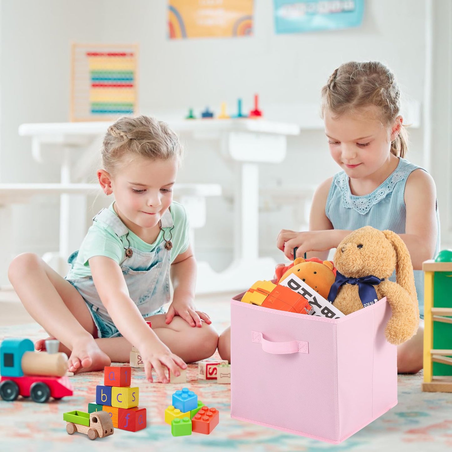 Cubos de tela para almacenamiento, paquete de 6, divertidos cubos de almacenamiento duraderos de colores con asas, cestas plegables para el hogar, color rosa