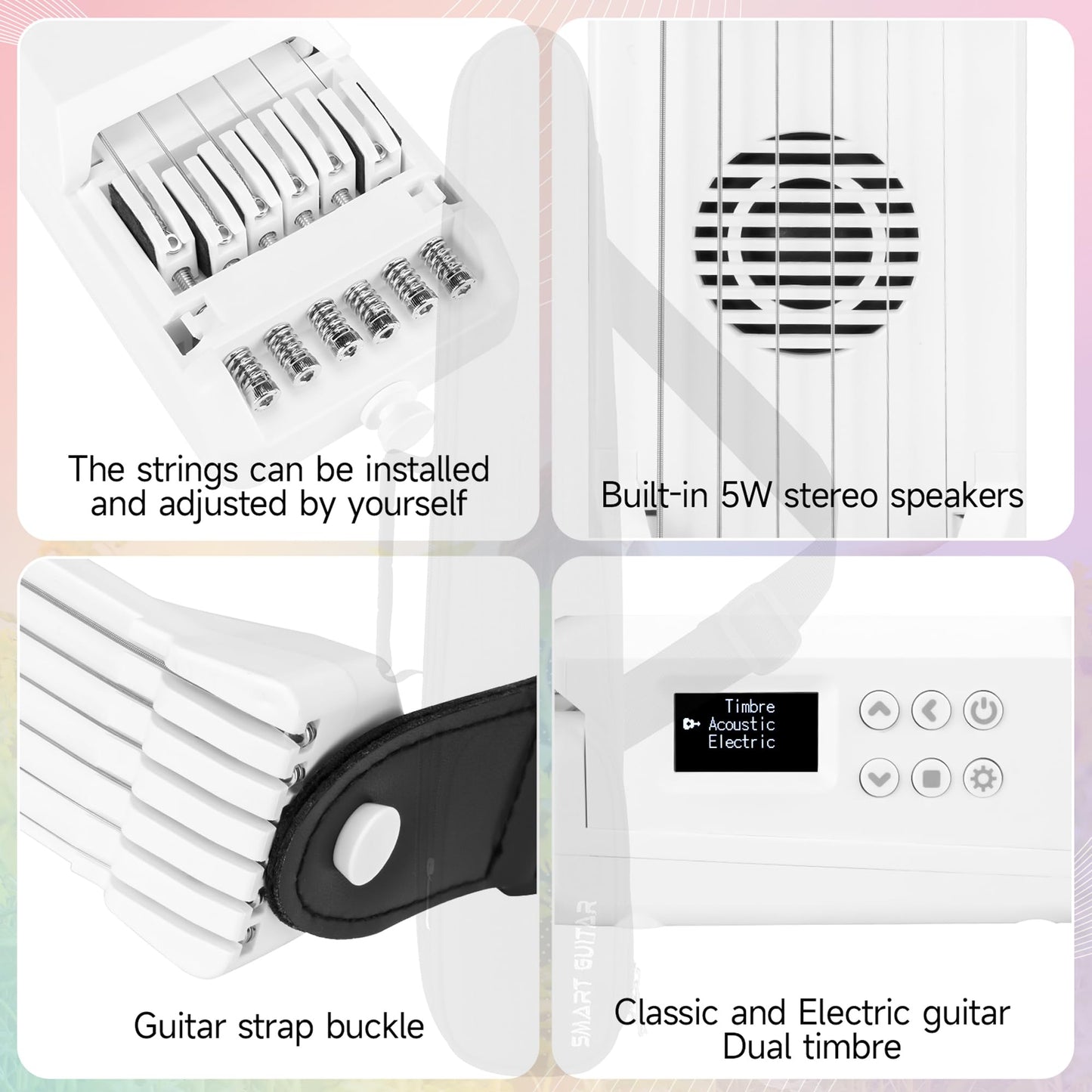 PEFEEL - Guitarra eléctrica acústica inteligente con carga USB, bolsillo para guitarra de viaje, guitarra de acorde portátil, cuello de guitarra para entrenador, principiante, AI LCD (blanco)