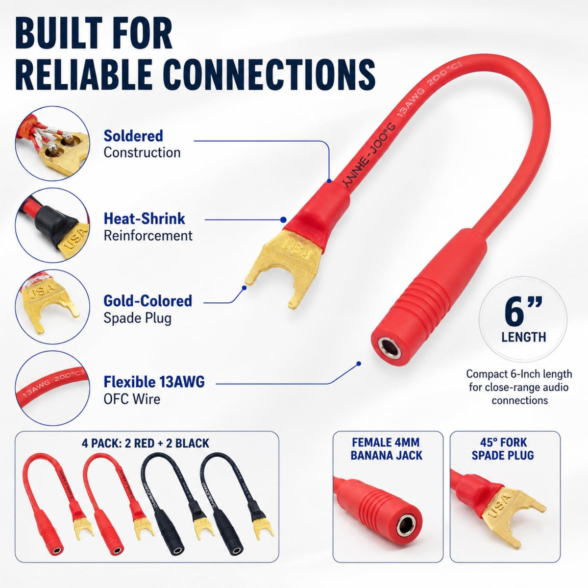 Conectores de Pala Sam&Johnny Dorados a Cable de Altavoz 4 mm con Construcción Soldada Paquete de 4 Unidades