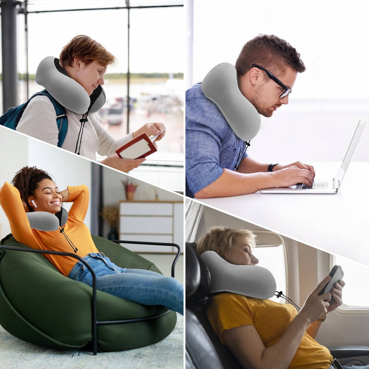 Jasonwell Almohada de Viaje Cuello - Almohada de Viaje para Cuello Portátil de Espuma de Memoria con Máscara de Ojos 3D Tapones para los oídos y Bolsa Soporte de Cuello para Avión Oficina (Gris claro)