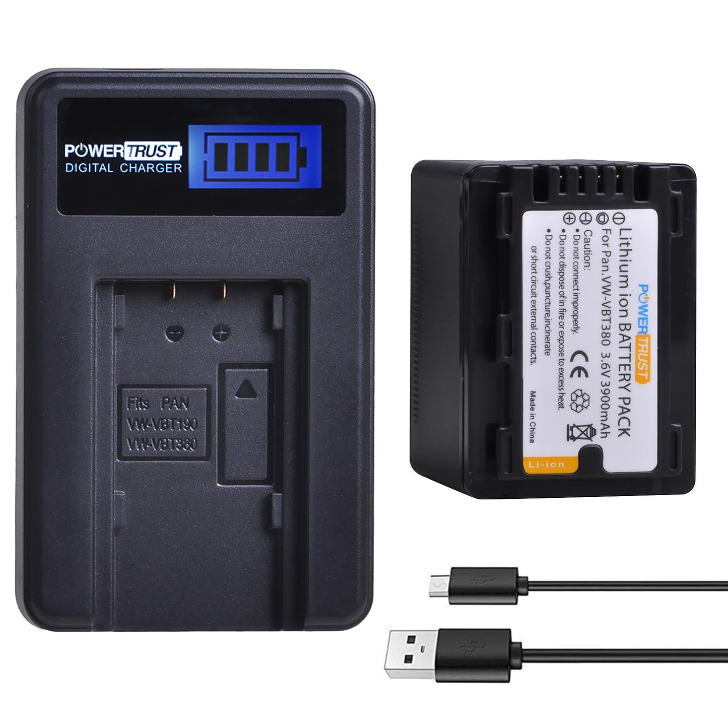 Batería y Cargador USB PowerTrust para Panasonic VW-VBT380 VW-VBT190 Negro