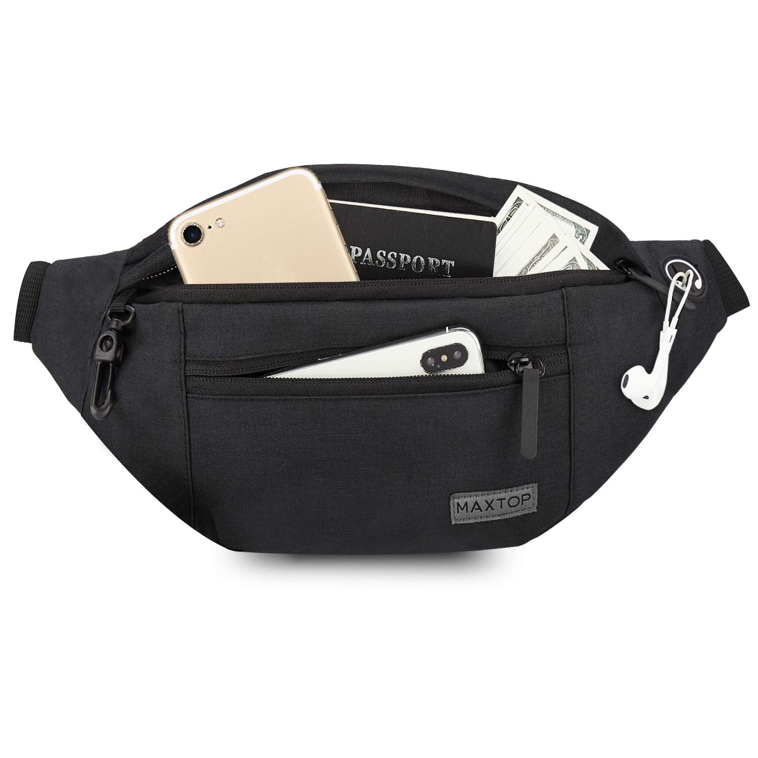 Riñonera MAXTOP Negro con Conector para Auriculares y 4 Bolsillos para Mujer y Hombre