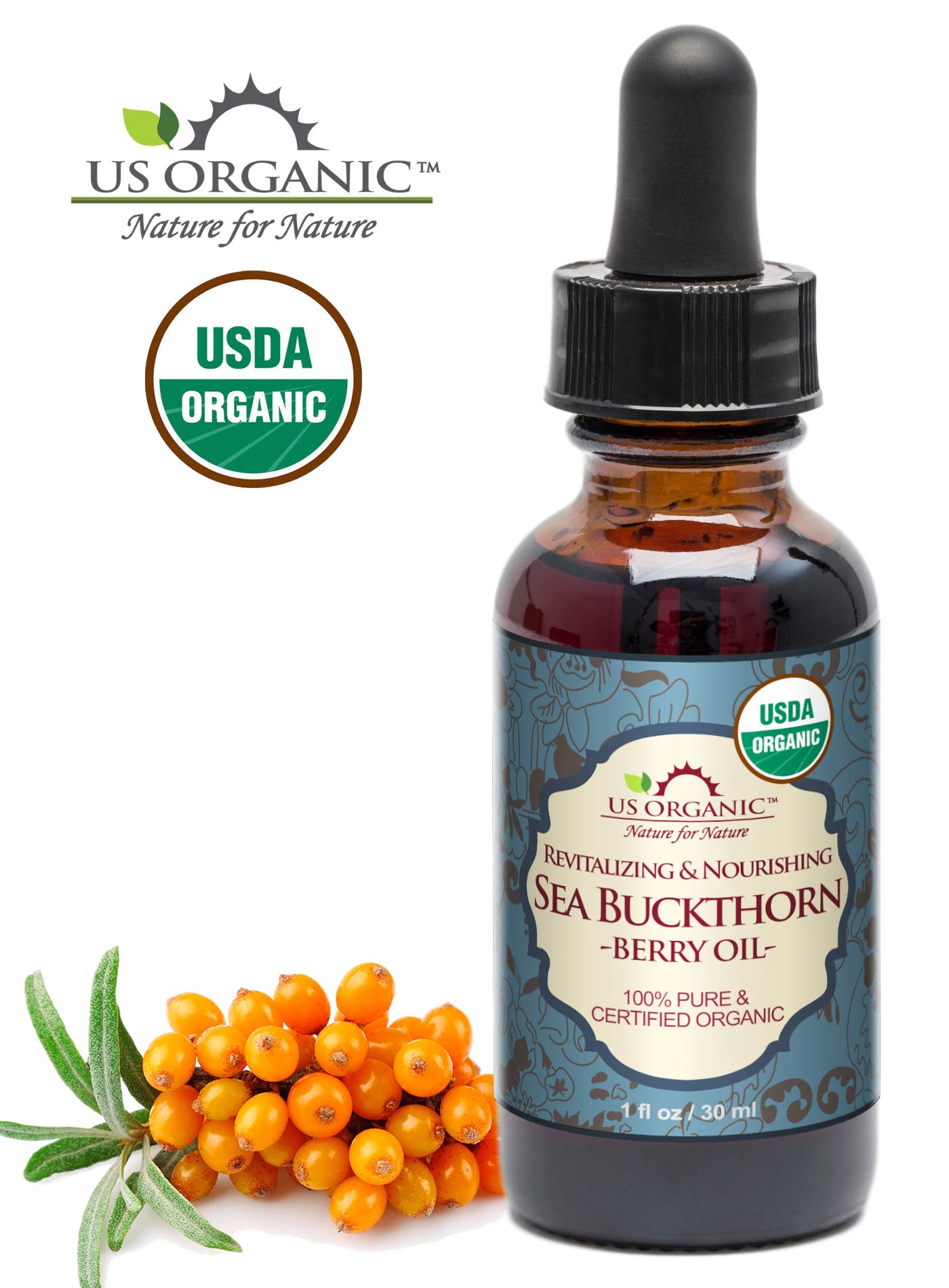 US Organic Sea Buckthorn Berry (Fruit) Oil, USDA Certified Organic,100% Pure & Natural, Supercritical CO2 extracted, Virgin, Unrefined in Amber Glass Bottle (1 oz (30 ml))