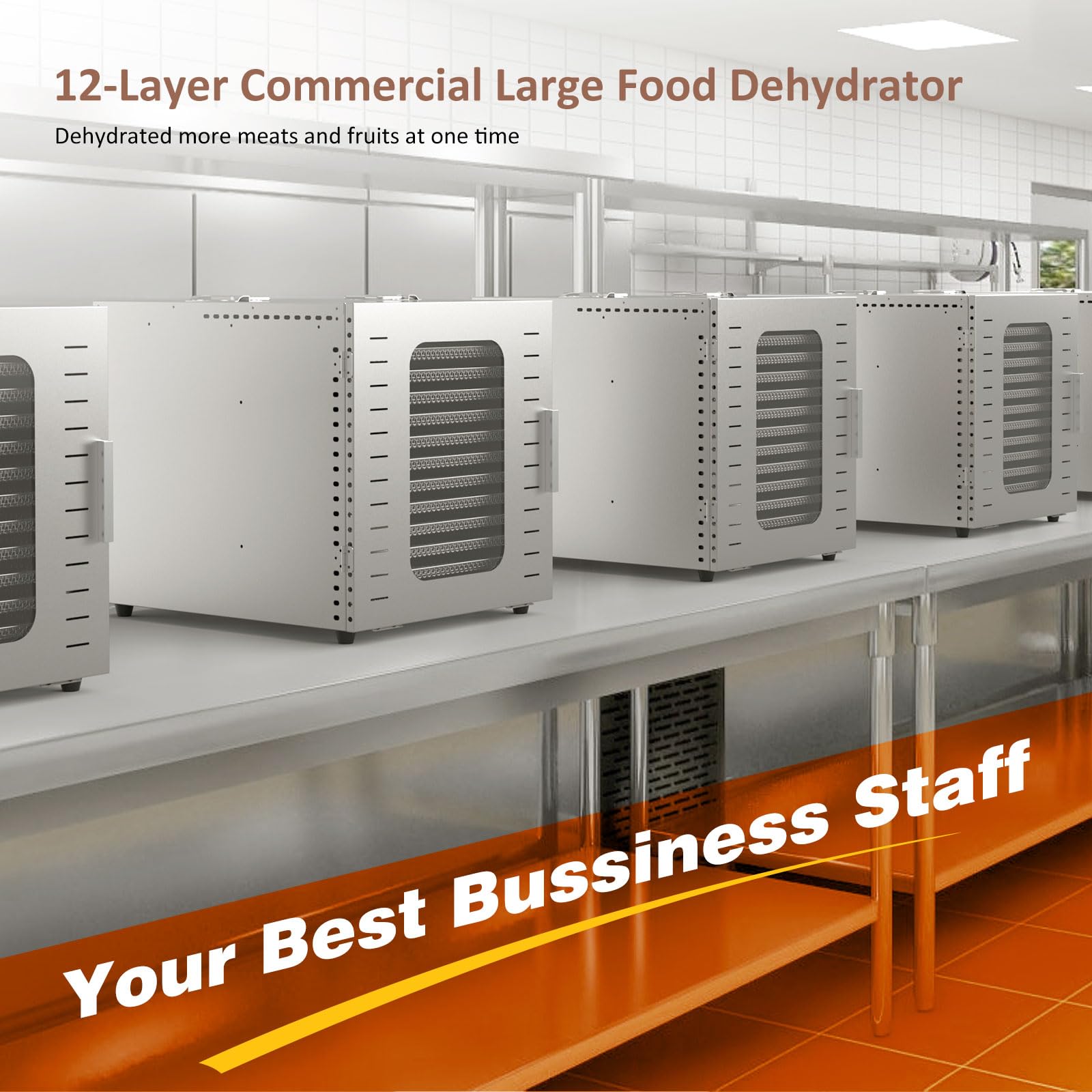 Ausegia Commercial - Deshidratador de alimentos de 12 bandejas grandes, área de uso de hasta 22.67 pies cuadrados, secadora de acero inoxidable completo de 1200 W, temperatura de hasta 180 °F, para