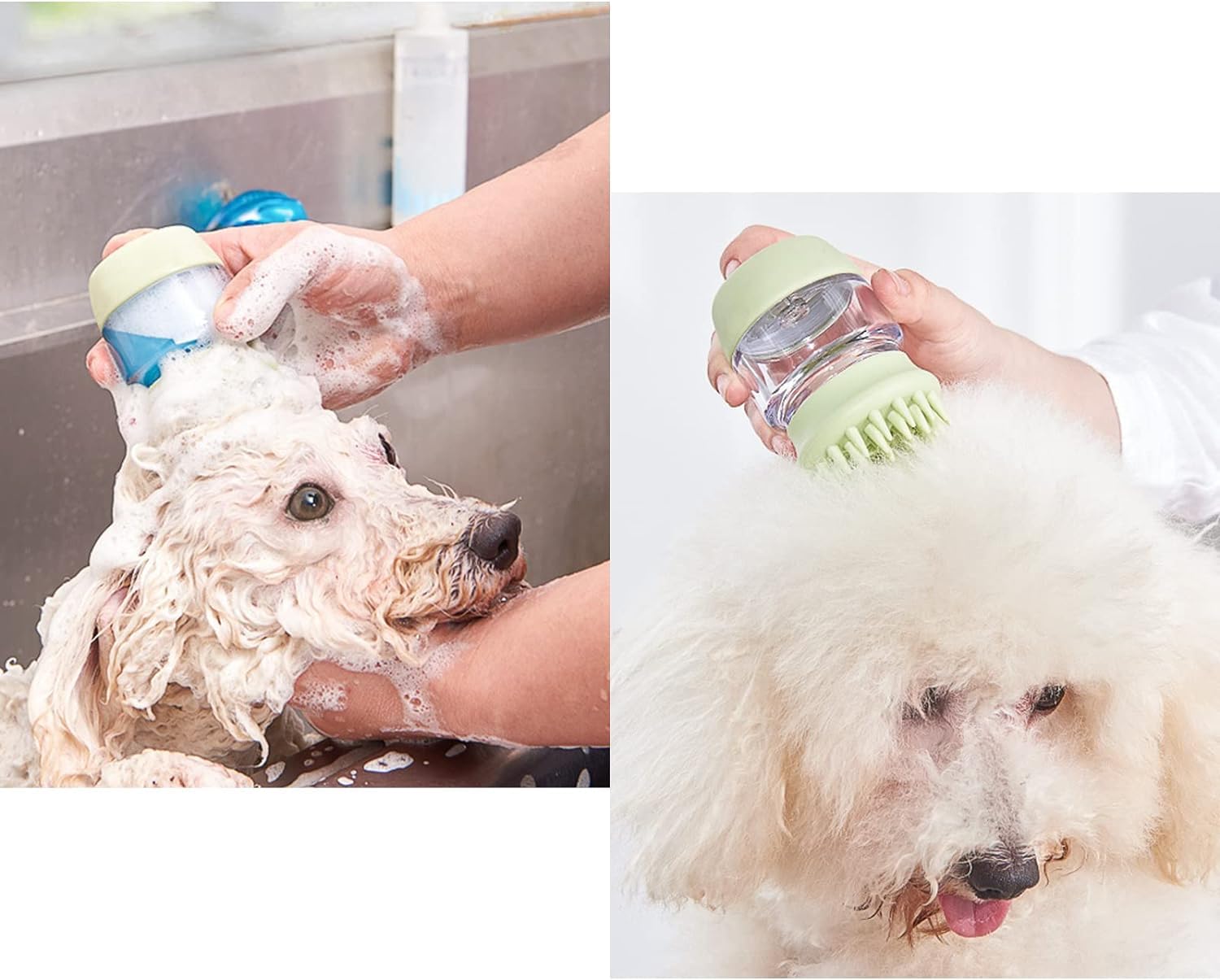 Cepillo de baño para mascotas, cepillo para perros con 2 cabezales de cepillo de silicona suave, dispensador de masaje de champú para mascotas para aseo de mascotas, cepillo de ducha para limpieza de cabello de perros y gatos(verde)