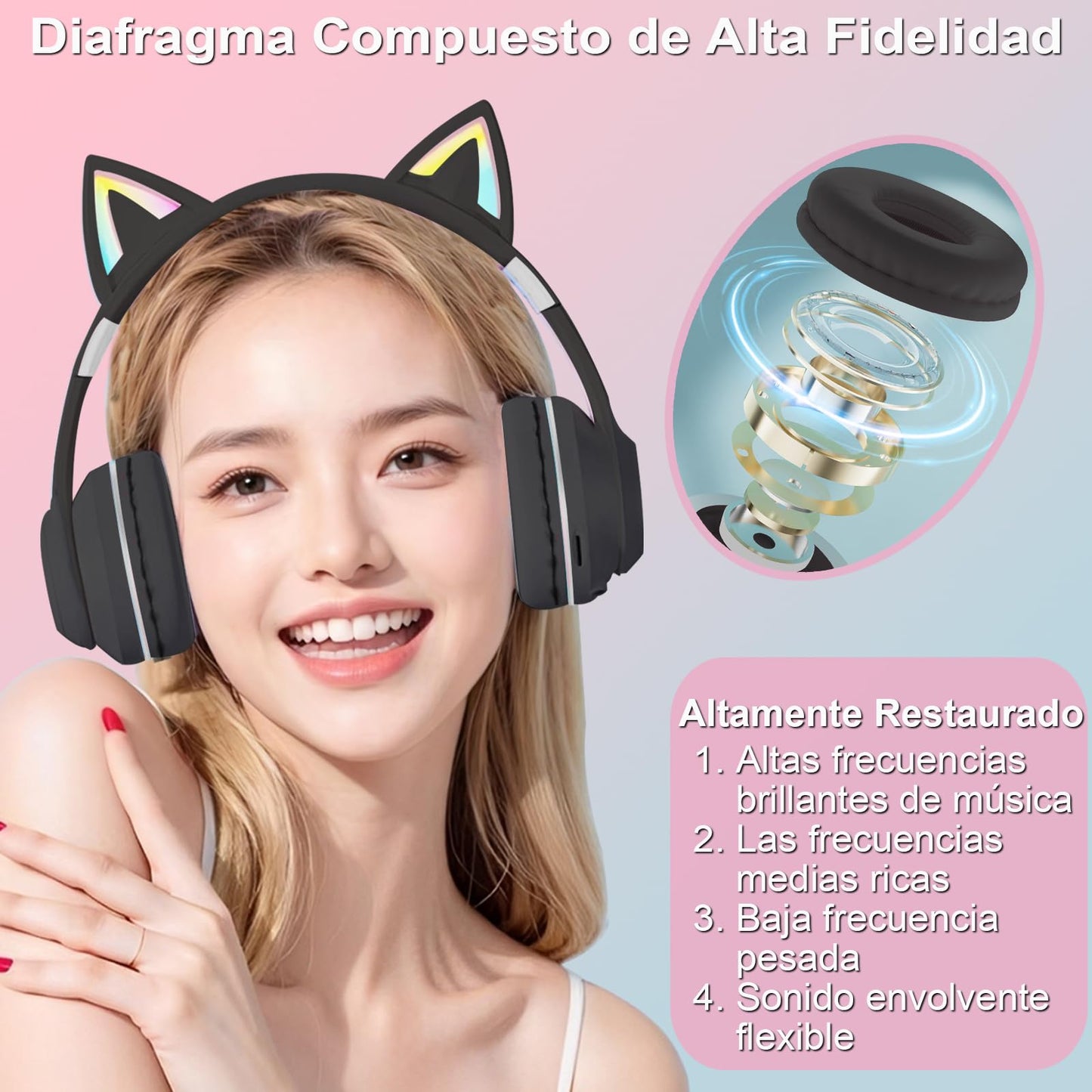 Audífonos Inalámbricos UDUEUD Rosa Orejas de Gato Parpadeantes para Niña