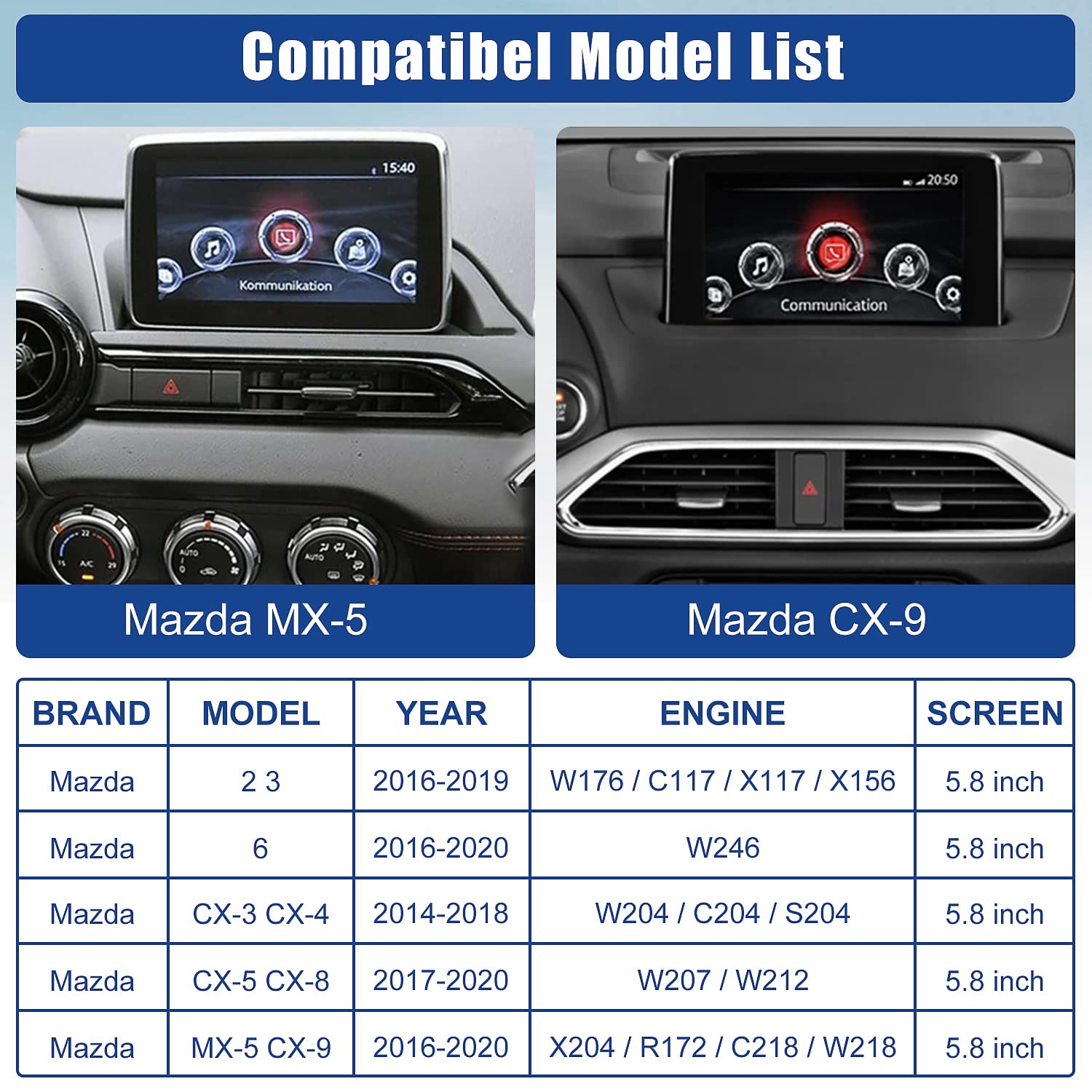 Kit de Reequipamiento Automático Mazda MZD Connect Compatible con Apple Carplay y Android para Mazda 2/3/6/CX3/CX5/CX9/MX5 2014-2019