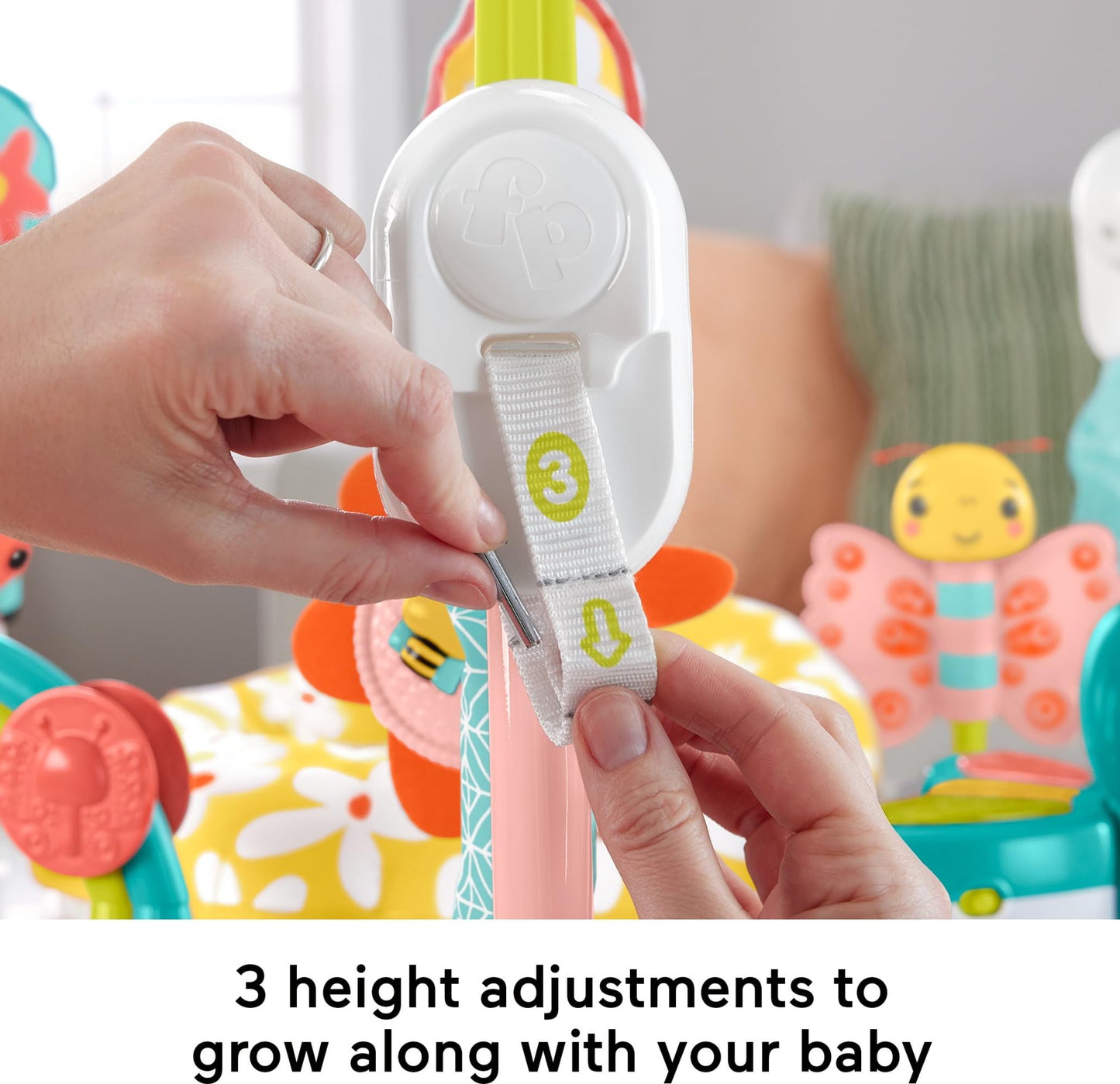 Fisher-Price Baby Bouncer Centro de actividades Blooming Fun Jumperoo con luces musicales y juguetes de desarrollo para bebés