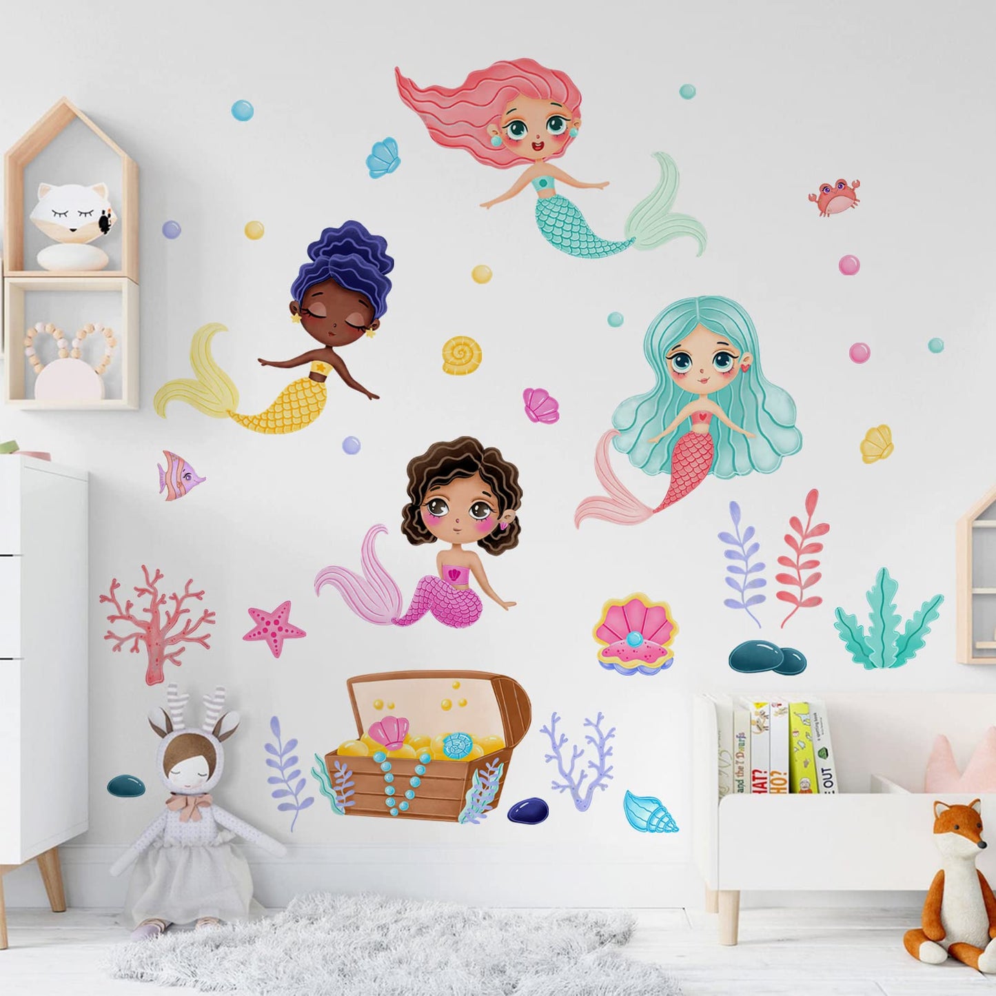 Mfault - Calcomanías de pared de sirena negra bajo el mar, multiculturales criaturas del océano, decoración del cuarto de bebé, arte de sala de juegos, playa costera, burbuja, habitación de niños, cuarto de baño, decoración del hogar
