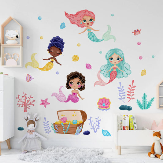 Mfault - Calcomanías de pared de sirena negra bajo el mar, multiculturales criaturas del océano, decoración del cuarto de bebé, arte de sala de juegos, playa costera, burbuja, habitación de niños, cuarto de baño, decoración del hogar