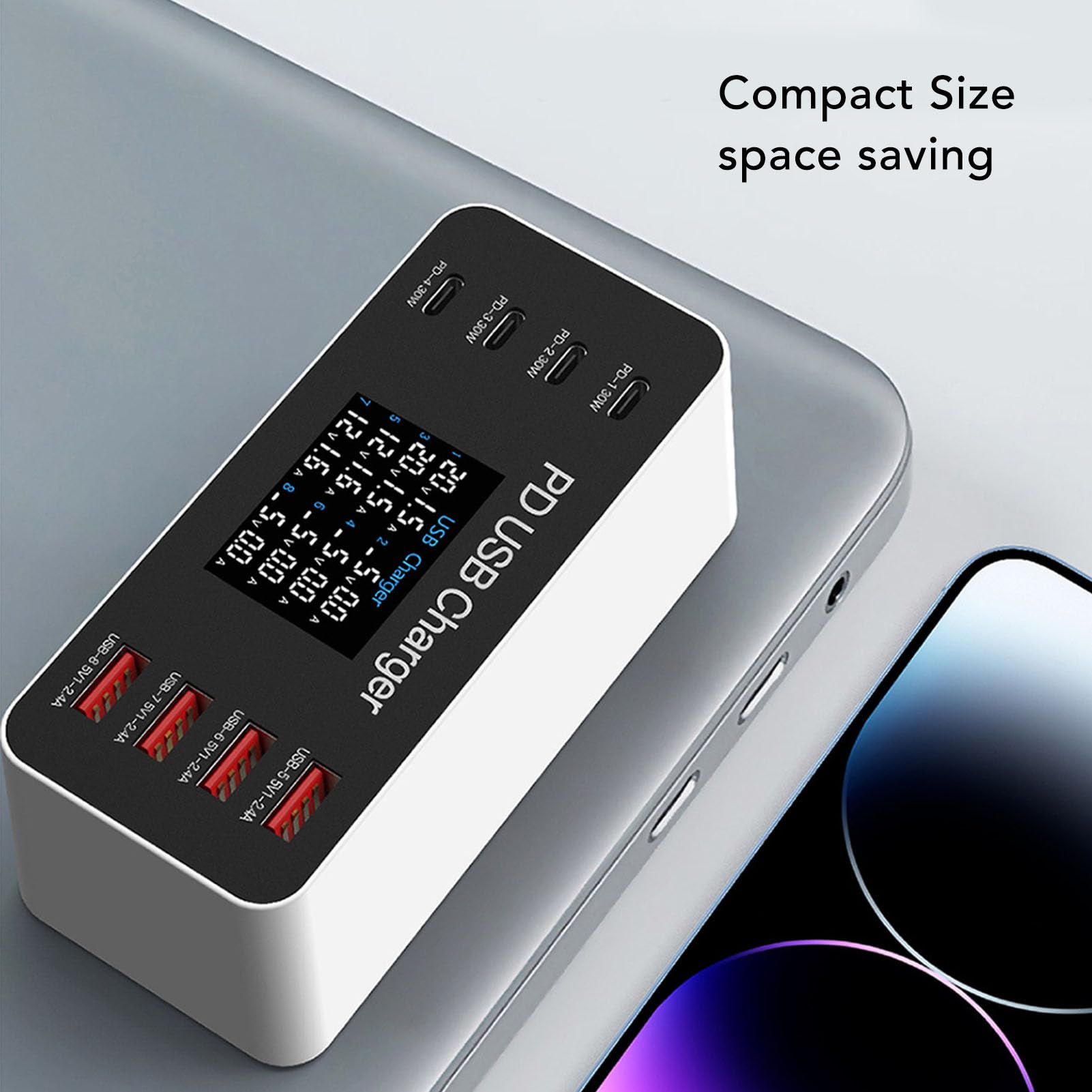 ciciglow Cargador USB, Estación de Carga USB de 8 Puertos de 65 W, Cargador de Concentrador USB Multipuerto, Pantalla LCD de Tamaño Compacto, Compatible con Auriculares Bluetooth para