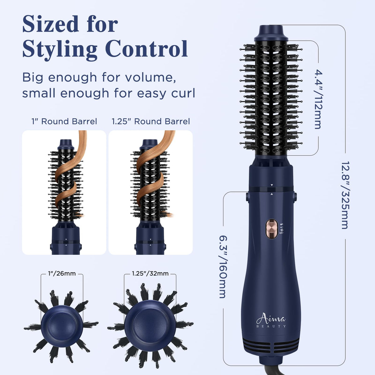 Set de Cepillos Aima Beauty Negro con Barril Redondo Intercambiable para Secador de Pelo, Brillo y Volumen para Cabello Corto a Mediano