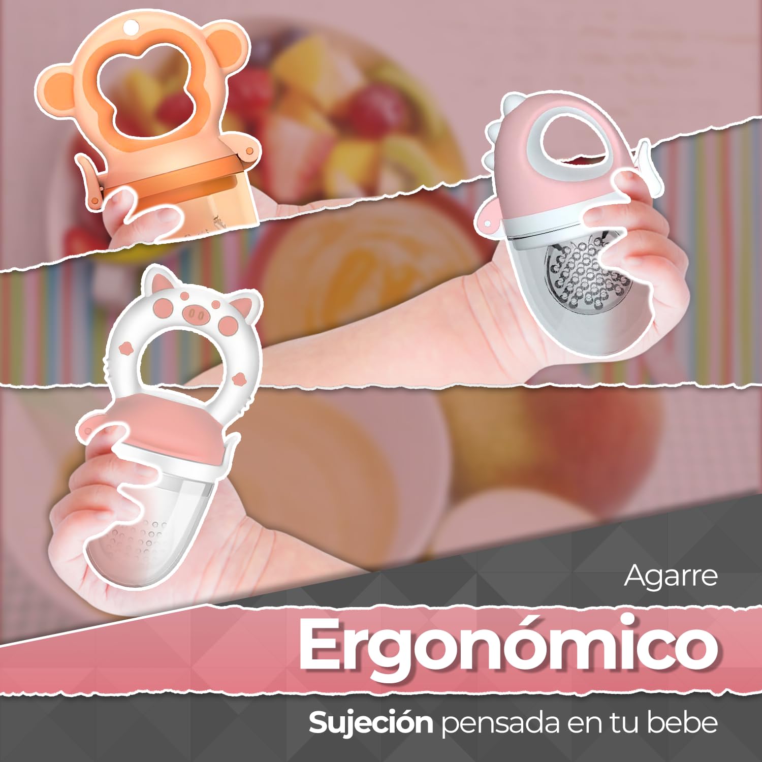 Chupones alimentadores para frutas y papillas con tapa libre de bpa, dibujos animados, 4m+ 3 piezas (pig blanco rosa / dino rosa / monkey naranja)