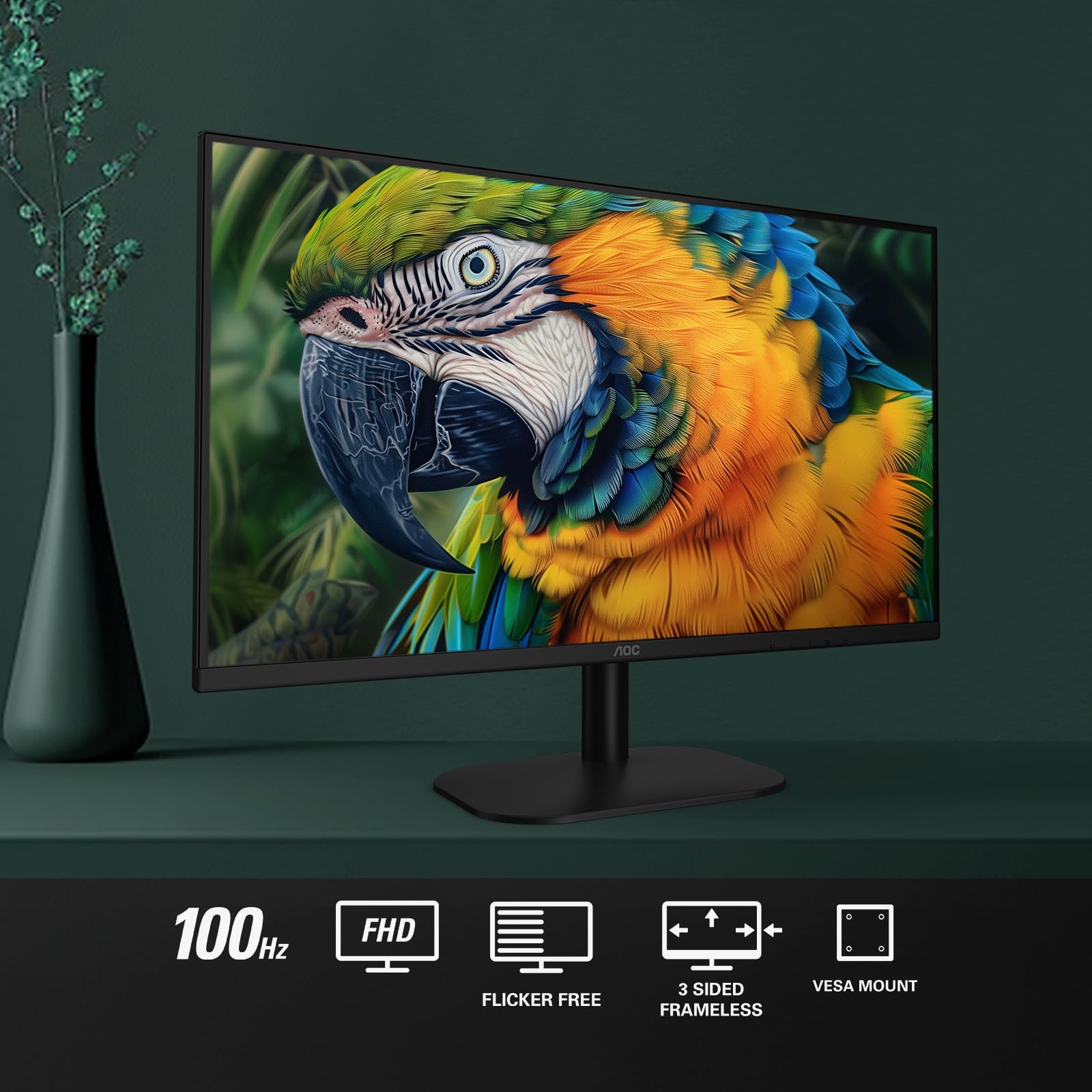 AOC 24B2H2 Monitor IPS sin Marco de 24 Pulgadas, FHD 1920 x 1080, 100 Hz, 106% sRGB, para hogar y Oficina, HDMI x2, Modo Azul bajo, Compatible con VESA, Negro