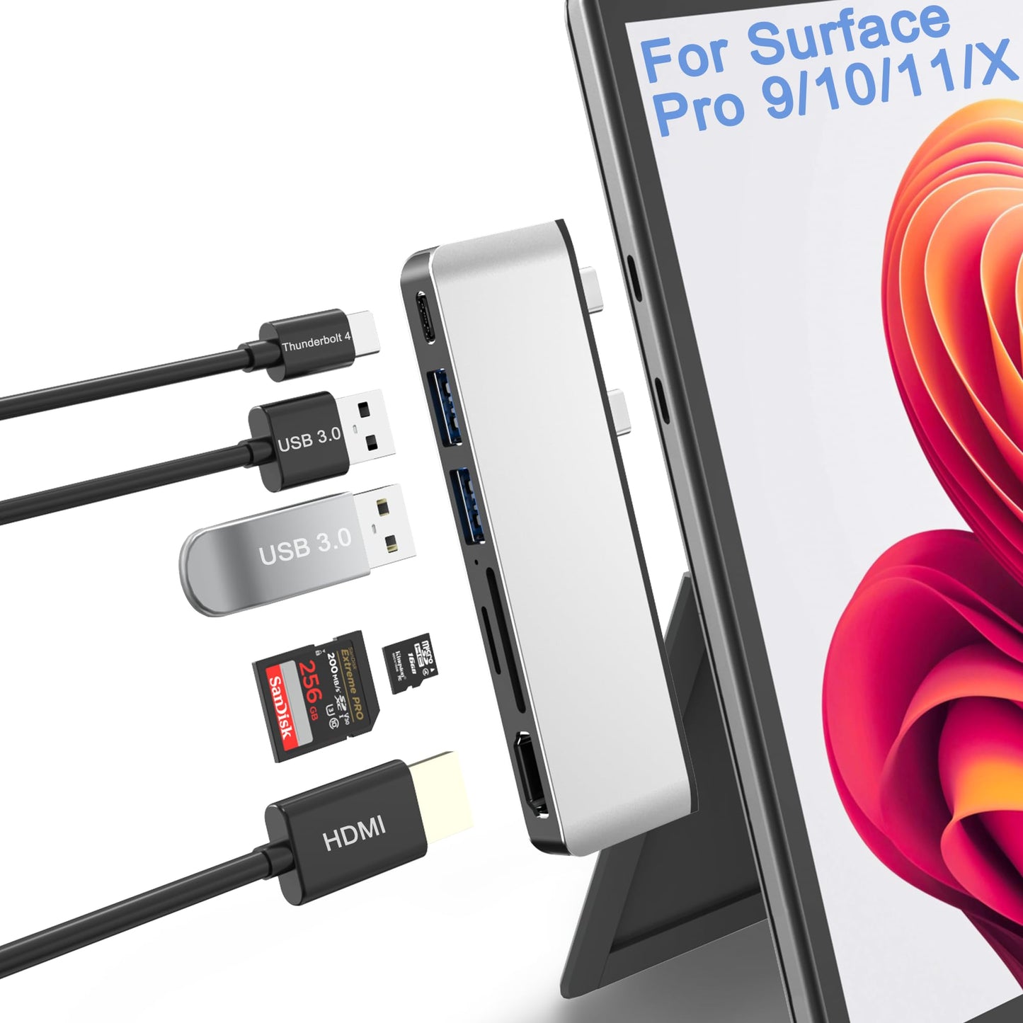 Estación de Acoplamiento USB para Surface Pro 9 10 11 X con HDMI 4K USB-C Thunerbolt 4 100W de Carga y Accesorios USB 3.0 SD TF Hub
