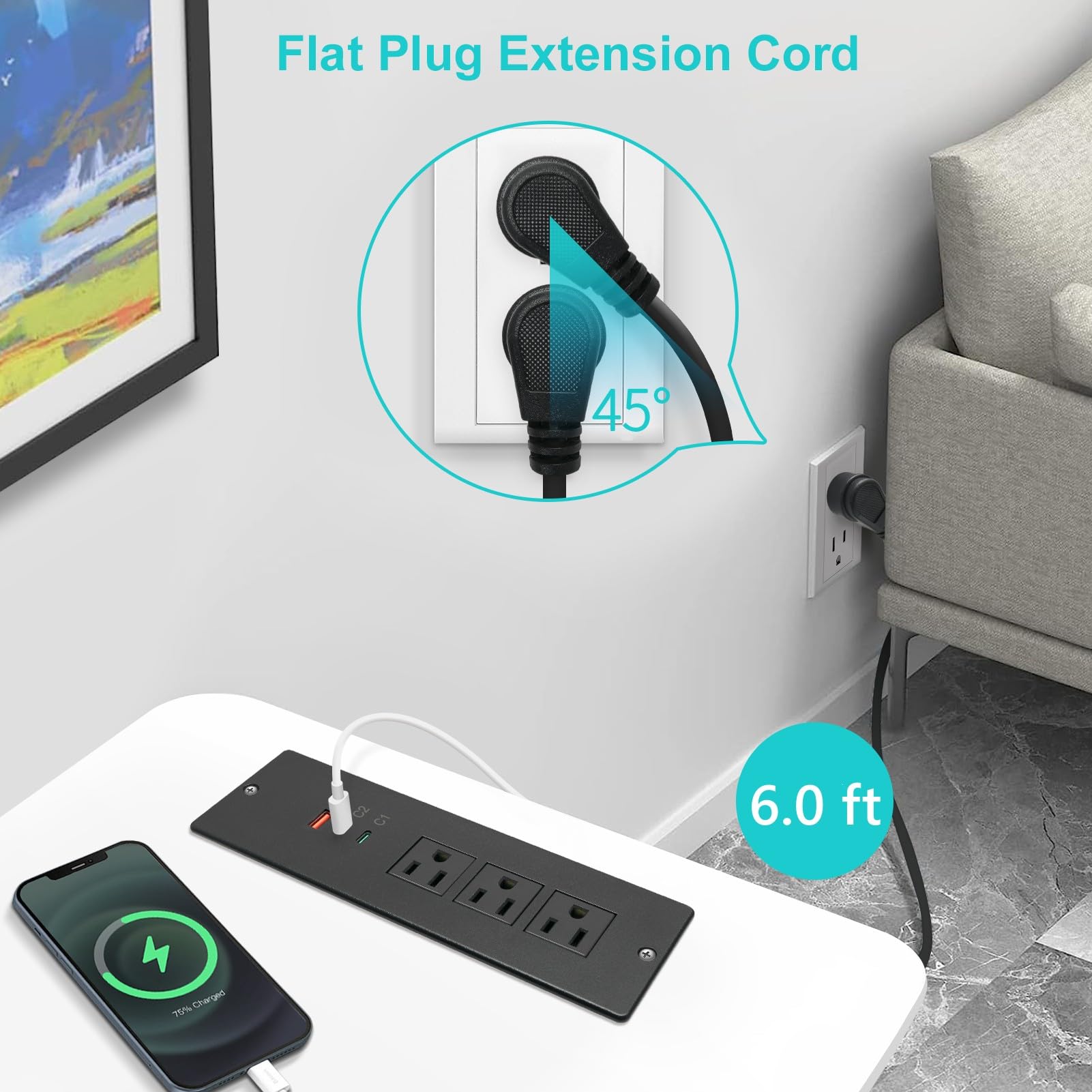 4 LEAF Regleta de Enchufes Empotrada USB C 65W,Enchufe de Escritorio Empotrable 3 Tomas 3 USB (PD 65W& QC60W,) Cable de Alimentación de 2 Metros Enchufe Plano de Carga Rápida Empotrable para Muebles