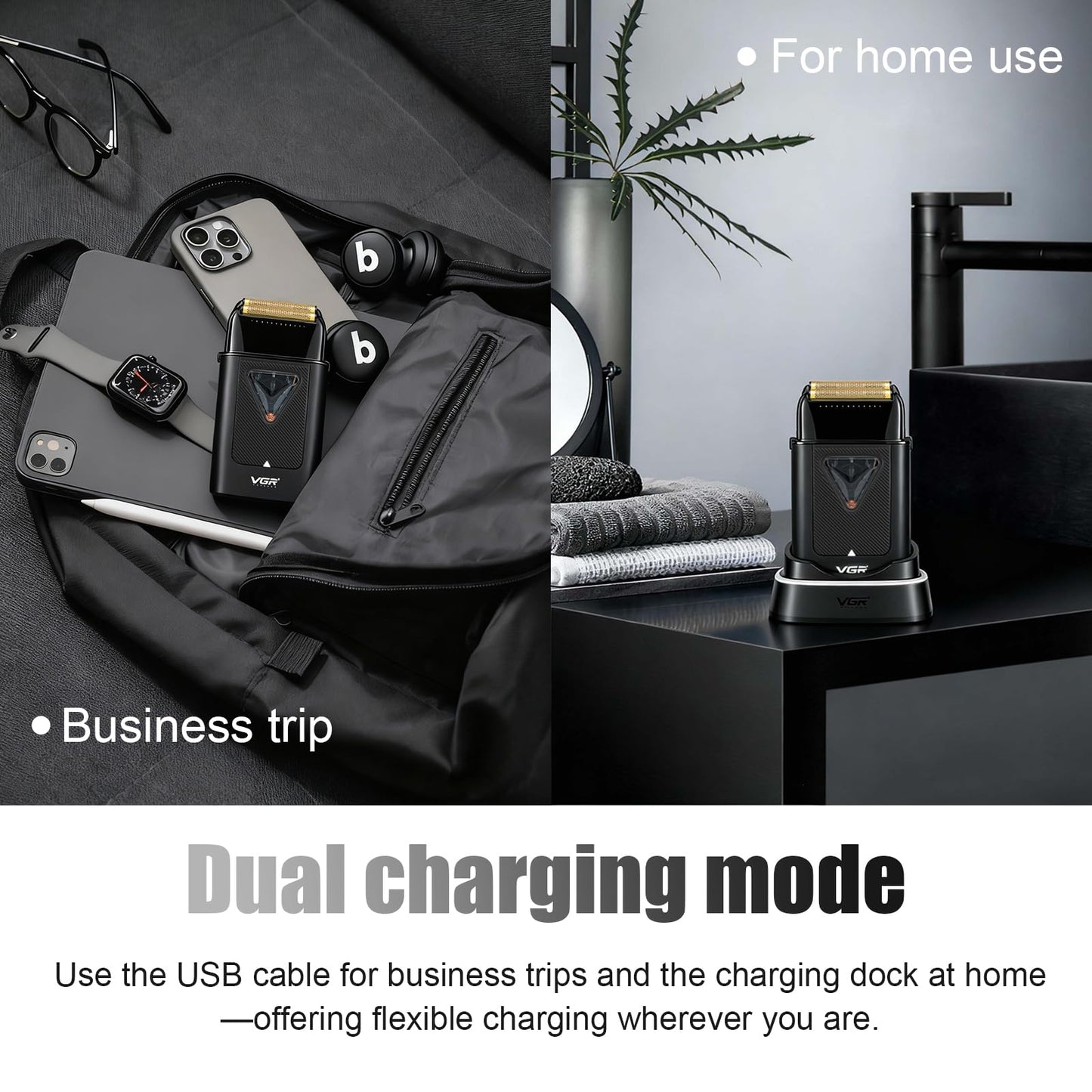 VGR Afeitadora eléctrica para hombre 334, afeitadora compacta de doble lámina con motor vectorial de 10000 rpm, máquina de afeitar de 0 mm con estación de carga inalámbrica, lámpara LED y bolsa de