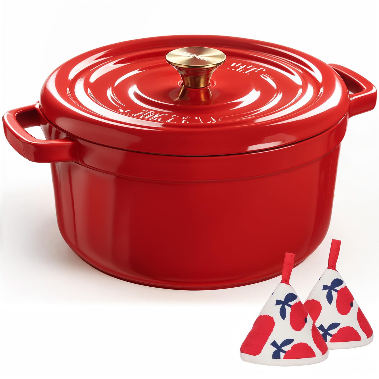 Overmont Cacerola de hierro fundido esmaltado, 26 cm, apta para horno, con tapa y libro de cocina, para asar, cocina, hornear, estofar, color rojo