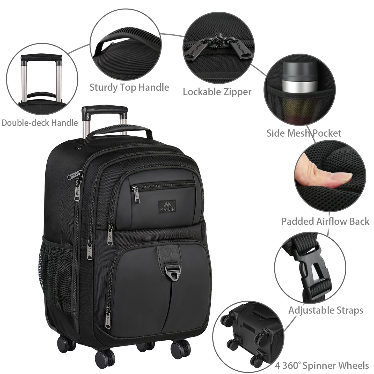 Mochila Rodante MATEIN Negro con 4 Ruedas Resistentes al Agua para Mujer