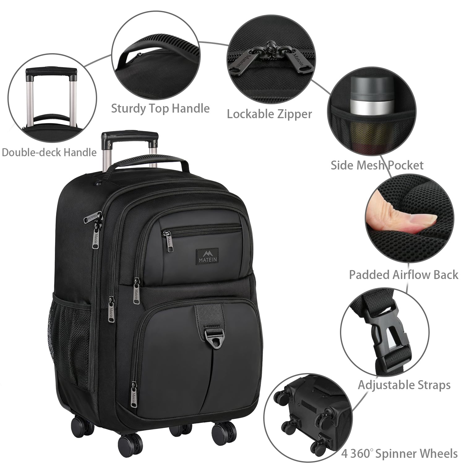 Mochila Rodante MATEIN Negro con 4 Ruedas Resistentes al Agua para Mujer