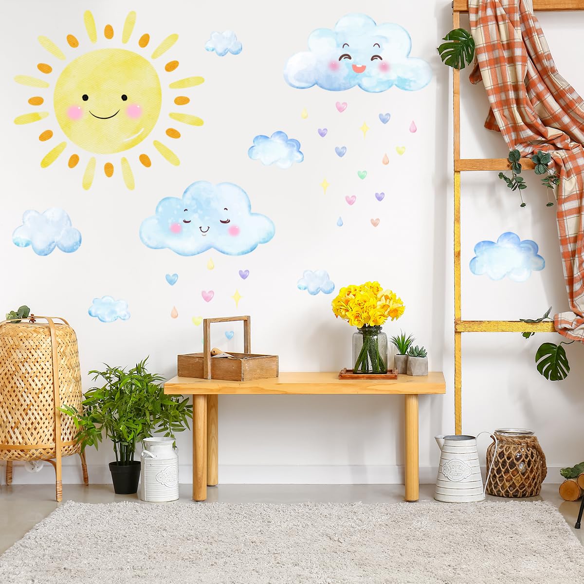 Grandes calcomanías de pared del sol, calcomanías de pared de nubes blancas de acuarela, decoración de habitación para niños y niñas, calcomanías de sol, calcomanías de pared removibles de sol y nubes