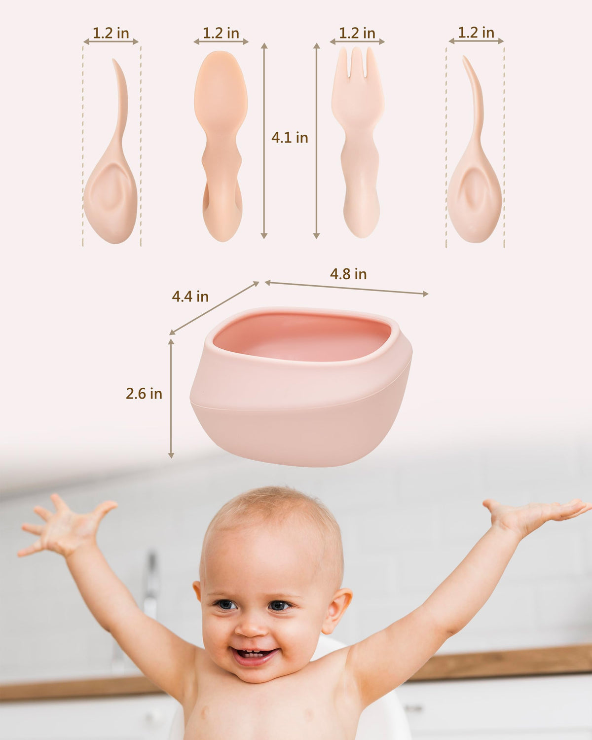 Tiny Genius - Juego de cubiertos para niños pequeños, tenedor de silicona para destete con luces LED para bebé, cuchara y tazón, sin BPA, utensilios de entrenamiento autoalimentados, fáciles de