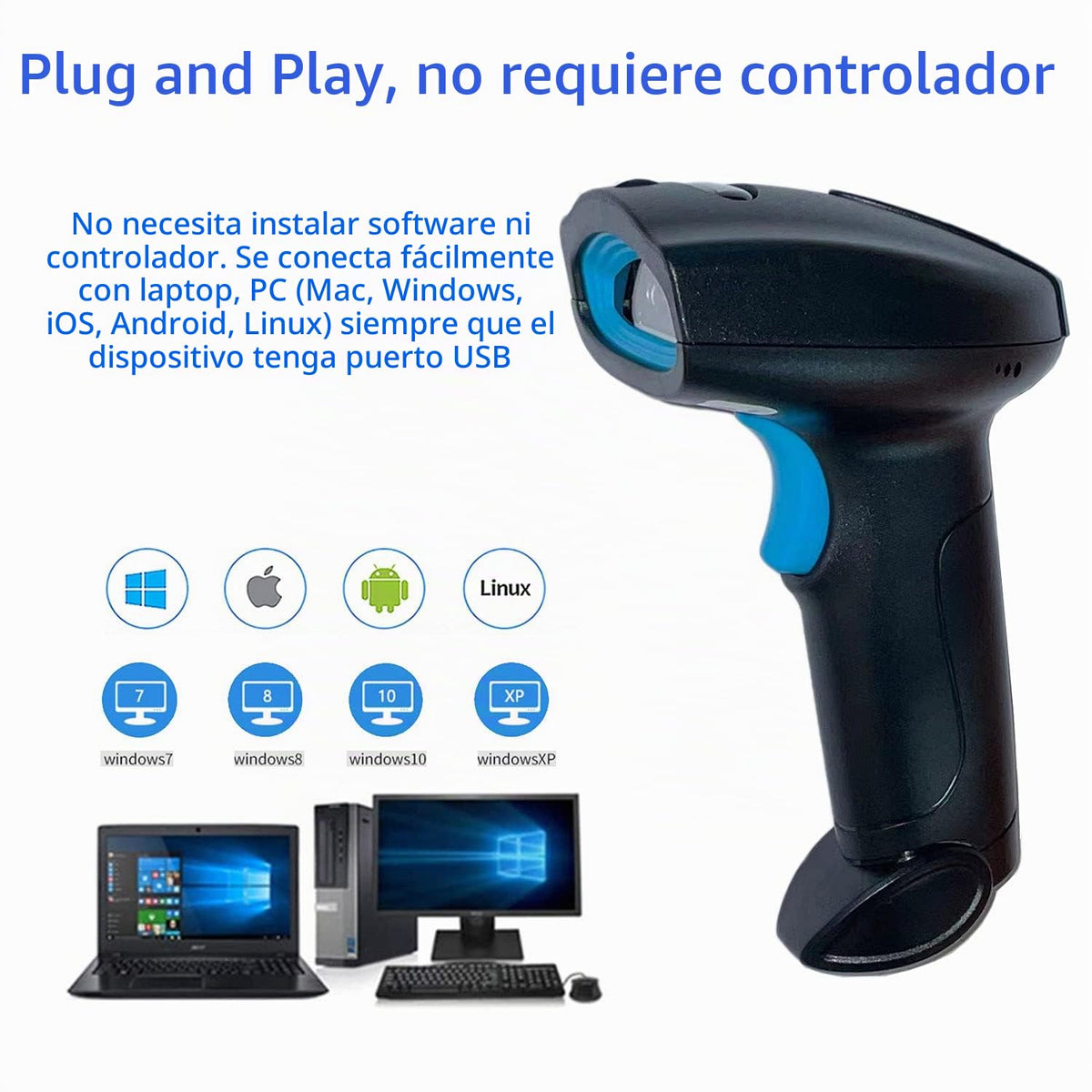 Escáner de Código QR 2D Inalámbrico Rabitpos Negro con Escaneo Automático para POS e Inventario