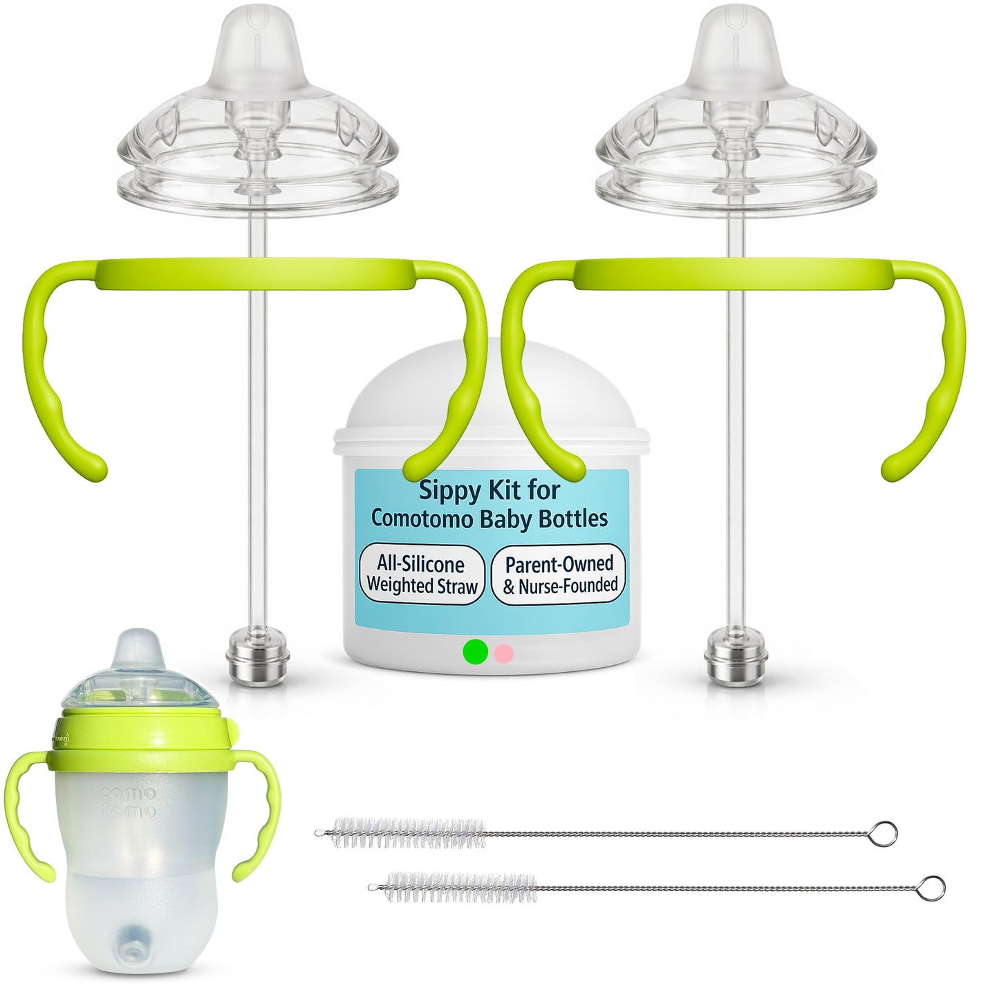 Kit de conversión de vaso para bebés para biberones Comotomo 2 unidades, tetinas de boquilla de silicona de grado alimenticio, pajita pesada enteramente de silicona, asas de botella, cepillo de
