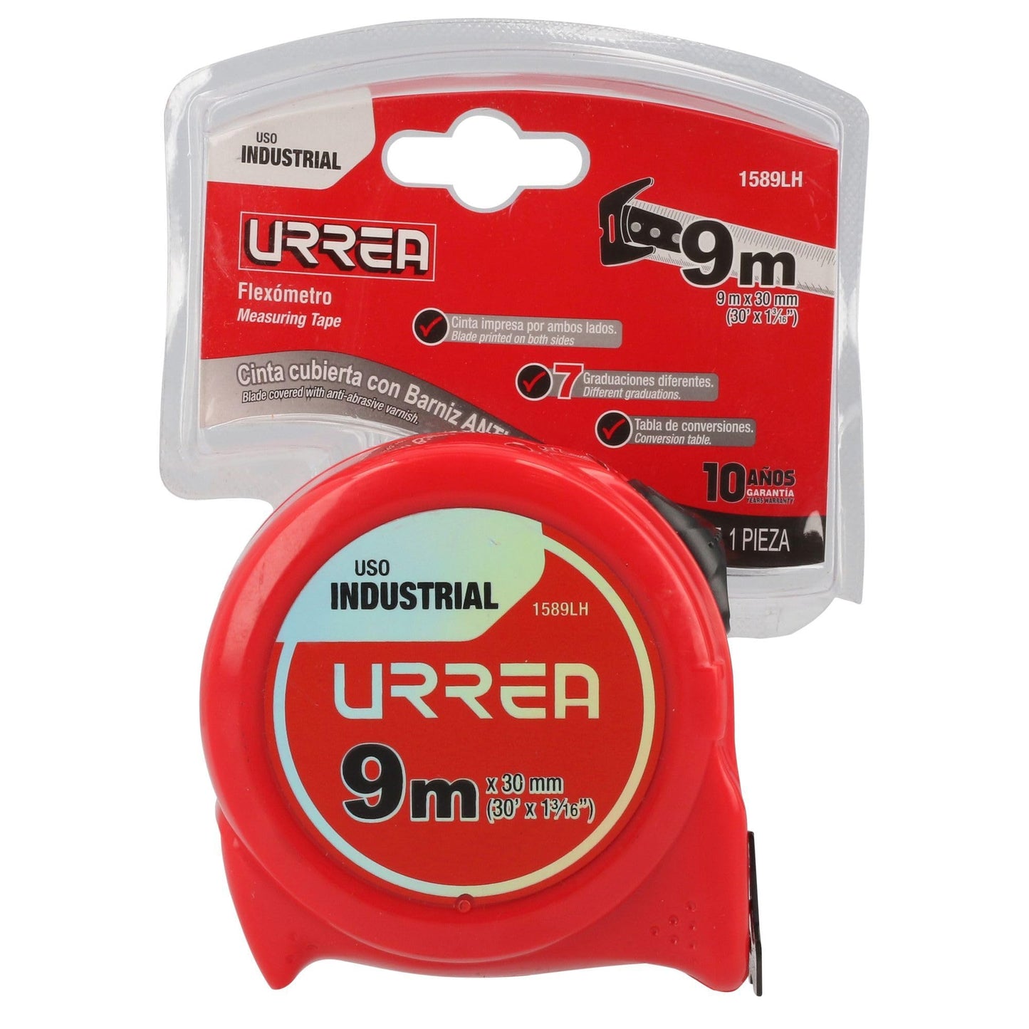 Flexómetro Industrial Urrea 1589LH con Hoja de Acero y Carátula de ABS TPR 9 M × 30 Mm 3 Remaches