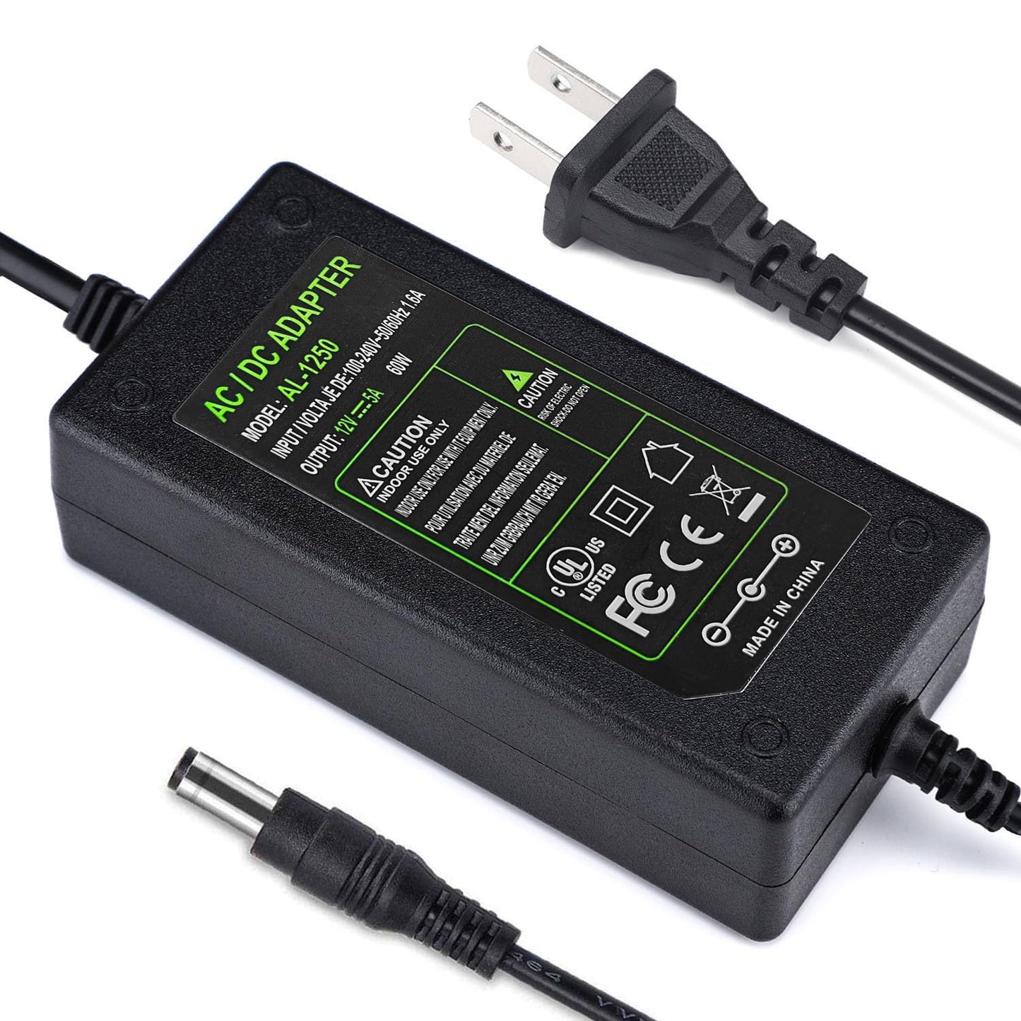 DC 12V 5A Power Supply Adapter, US Plug, 4.6FT Power Code, AC 100-240V to DC 12V 5A Switching Transformer Jack 5.5mm x 2.5mm for LED Strip, Light, Cameras CCTV