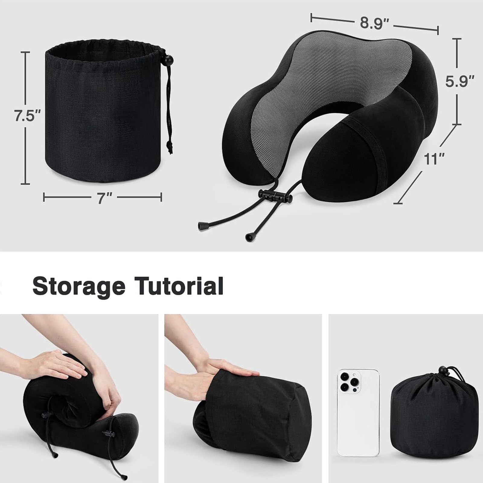 CISSSEE Almohada de Viaje,Almohada de Cuello Viscoelástica de Espuma de Memoria con Máscara de Ojos,Tapones para los oídos y Bolsa con Cordón, Soporte de Cuello para Avión, Oficina y el Hogar (Negro)