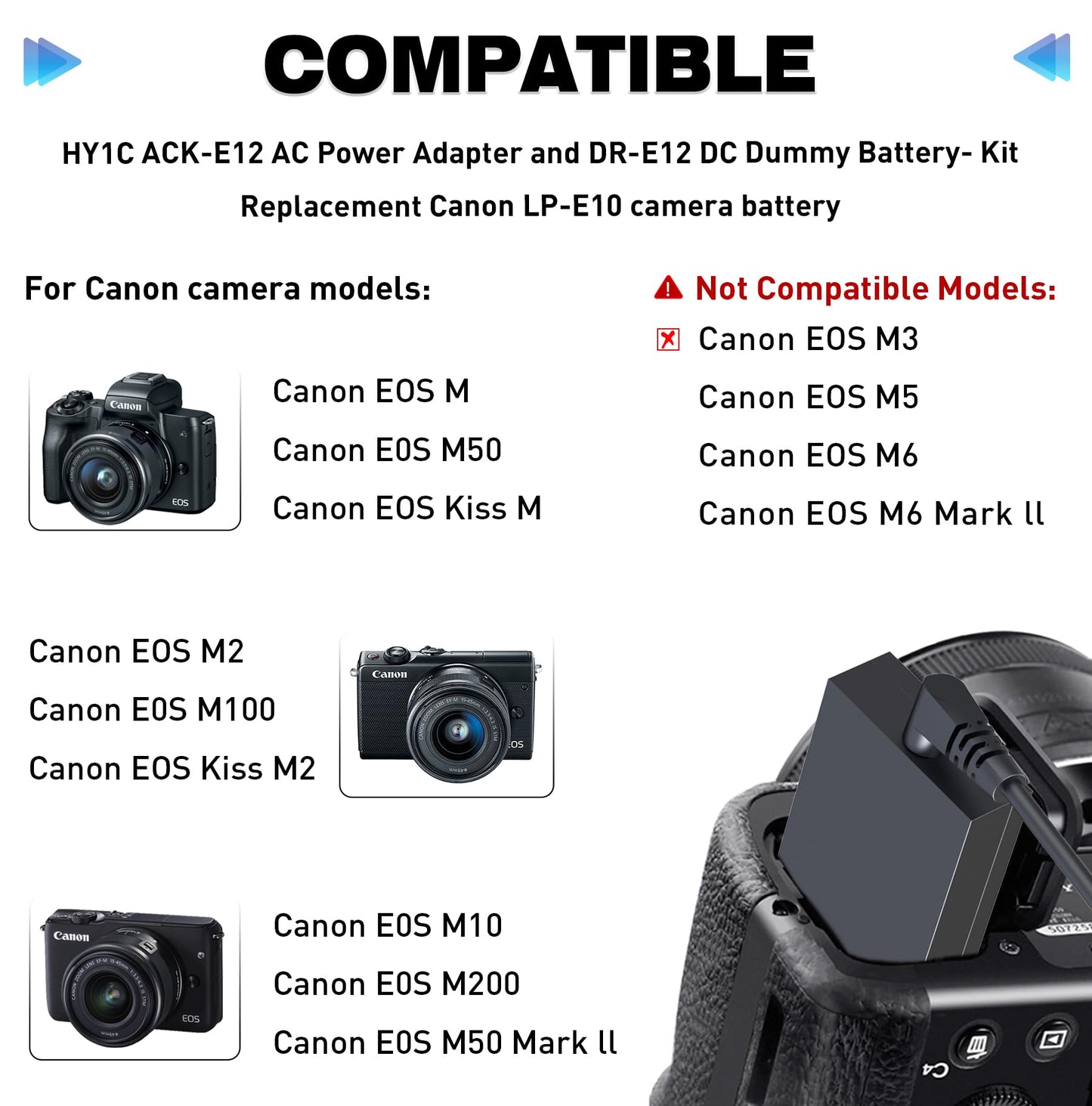 HY1C LP-E12 Dummy Battery DR-E12 DC Acoplador ACK-E12 Adaptador de corriente CA Kit para cámaras Canon EOS M50, EOS M50 Mark II, EOS M200 M100