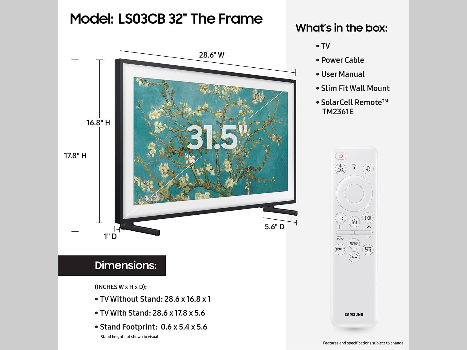 Televisor QLED Samsung 32 Pulgadas The Frame LS03C Series Quantum HDR Mate Antirreflejo con Alexa Incorporado