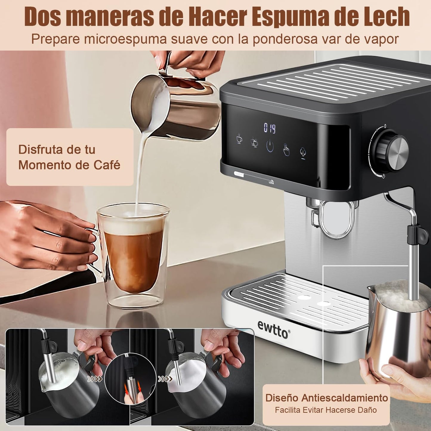 Cafetera Automática de Espresso，Cafetera Espresso y Cappuccino con Espumador de Leche, Pantalla Táctil Máquina de Café Profesional de Capuchinos Mocha y Latte, 1.7L, 20 Bares, 850W