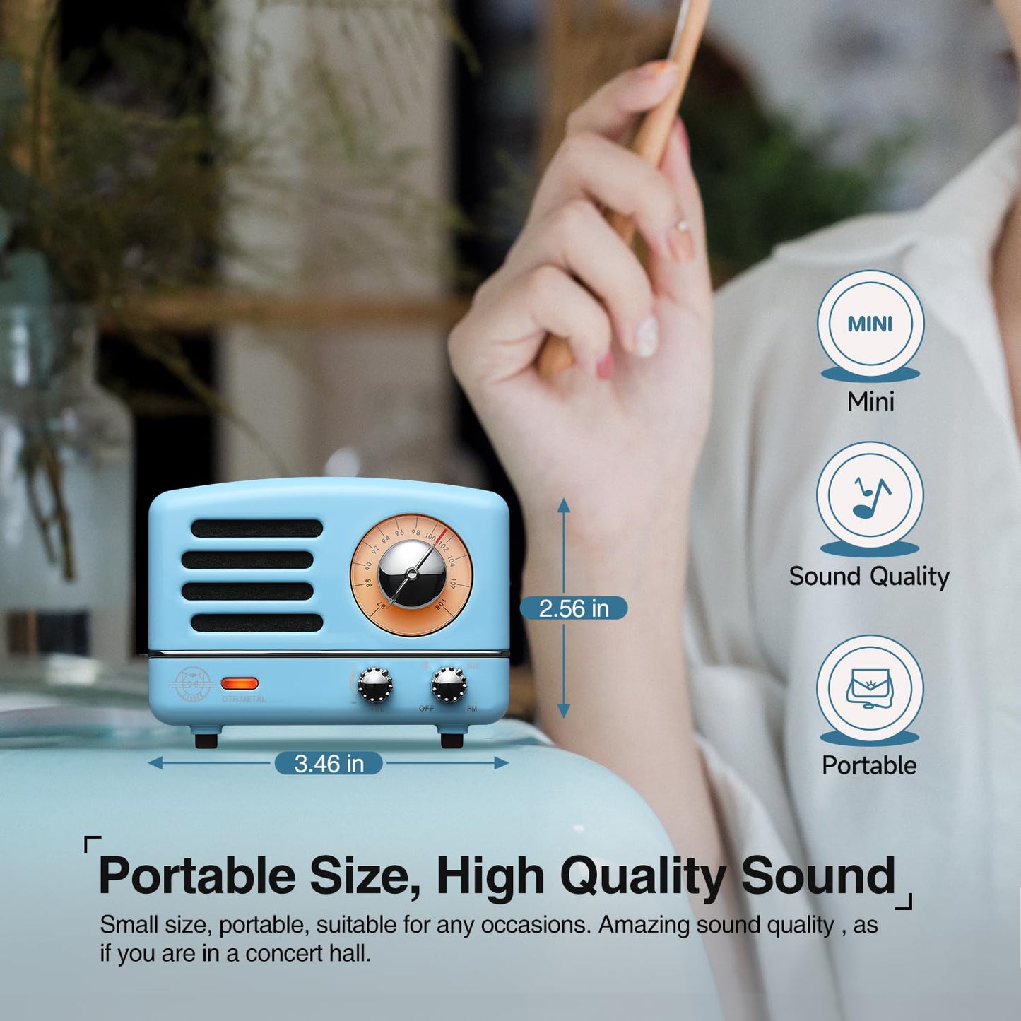 Muzen - Altavoz Bluetooth portátil, Altavoz inalámbrico pequeño de Metal OTR, Radio FM con Antena AUX, 10 Horas de Tiempo de reproducción prolongado, Audio estéreo de Alta fidelidad con veliz,