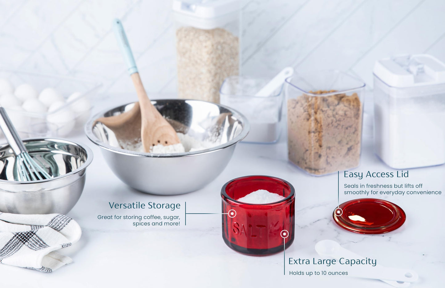KooK - Bodega de vidrio con tapa, vidrio prensado en relieve, recipiente de almacenamiento transparente, para café, azúcar, especias y caramelos, 10 onzas (rojo rubí)