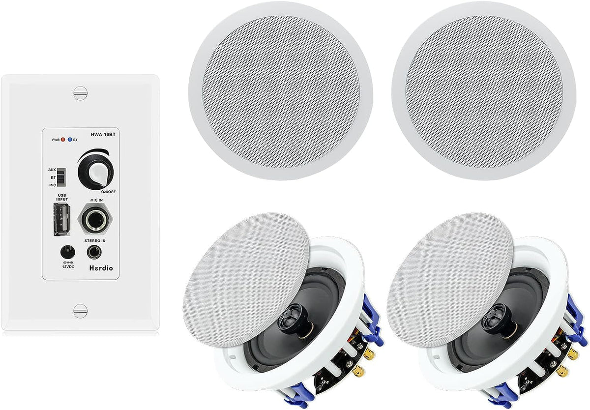 Sistema de Audio Herdio Blanco con Control de Volumen y Receptor en Pared, Altavoces de Techo de 6.5 Pulgadas y 640 W (2 Pares) para el Hogar