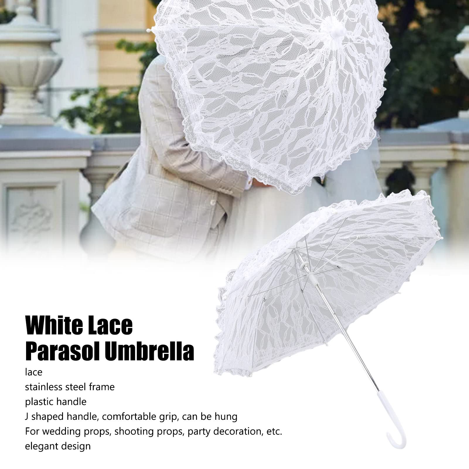 TANM Paraguas de Sombrilla de Encaje Blanco, Paraguas de Sombrilla de Encaje Aspecto Elegante en J de Plástico para Boda