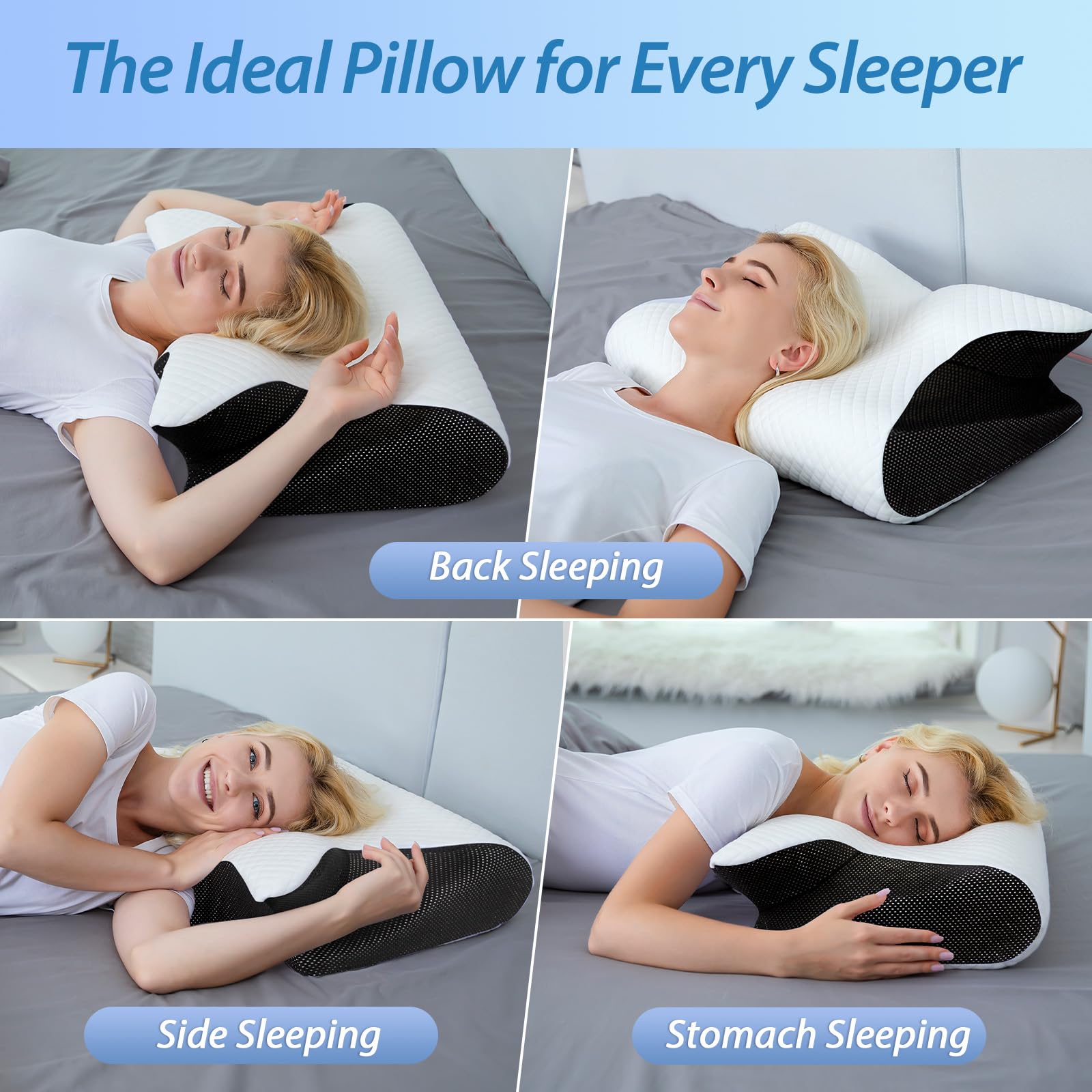 HOMCA Almohada cervical ergonómica 2 en 1, almohada ortopédica de espuma viscoelástica para espalda, de lado y boca abajo, 60 x 13/11 x 40 cm, color negro