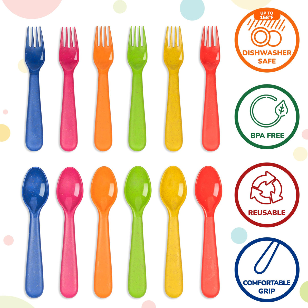 PLASKIDY Juego De 12 Utensilios De Paja De Trigo Para Niños, Tenedores Y Cucharas Sin BPA, Apto Para Lavaplatos, Juego De Cubiertos De Colores Brillantes