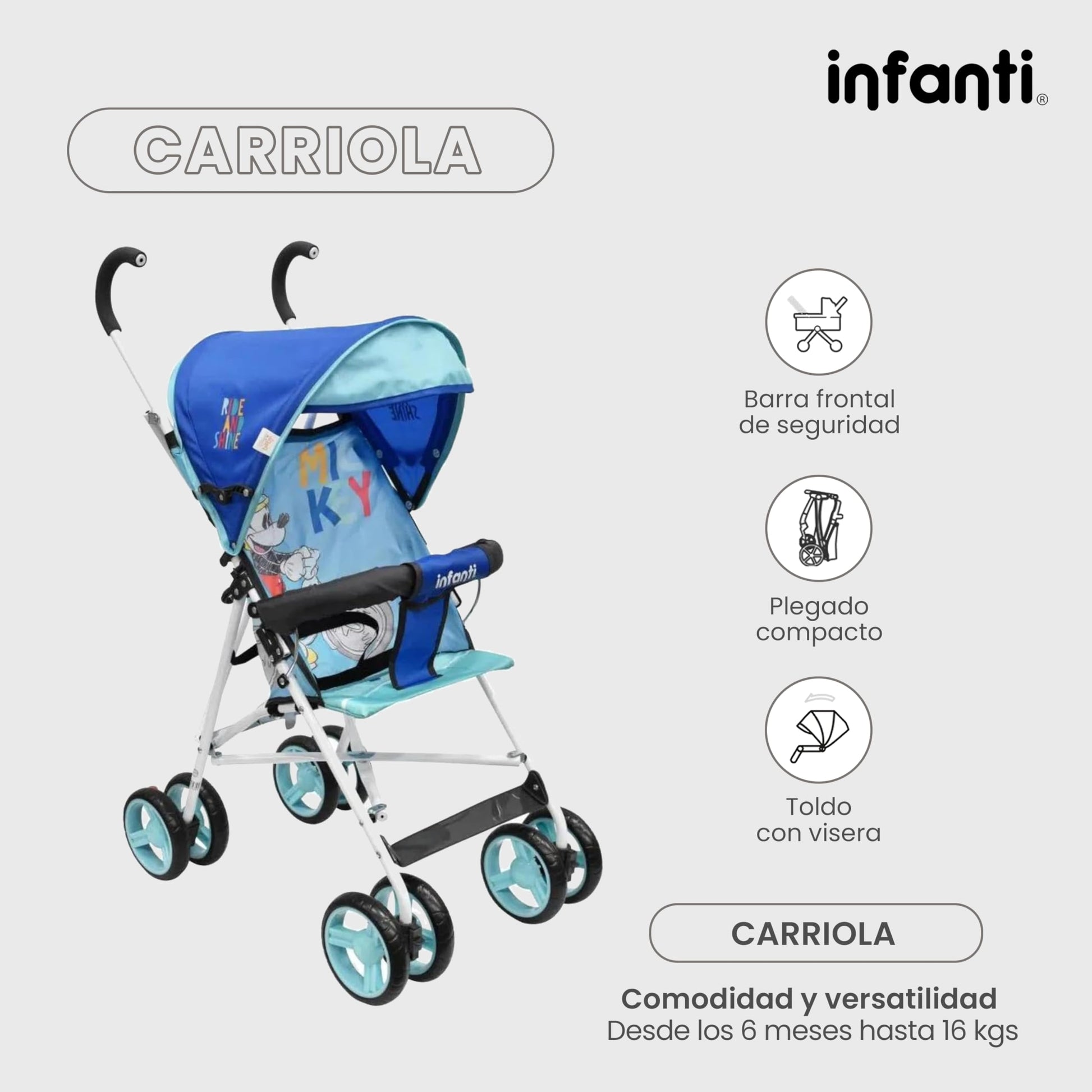 Infanti | Carriola para Bebe de Baston - Mickey Mouse | Carreola con Portabebé - Carriola de Viaje | Cosas para Bebes 6 Meses hasta 16 kg - Compacta y Plegable | Carriola de Baston Ligera con Correa