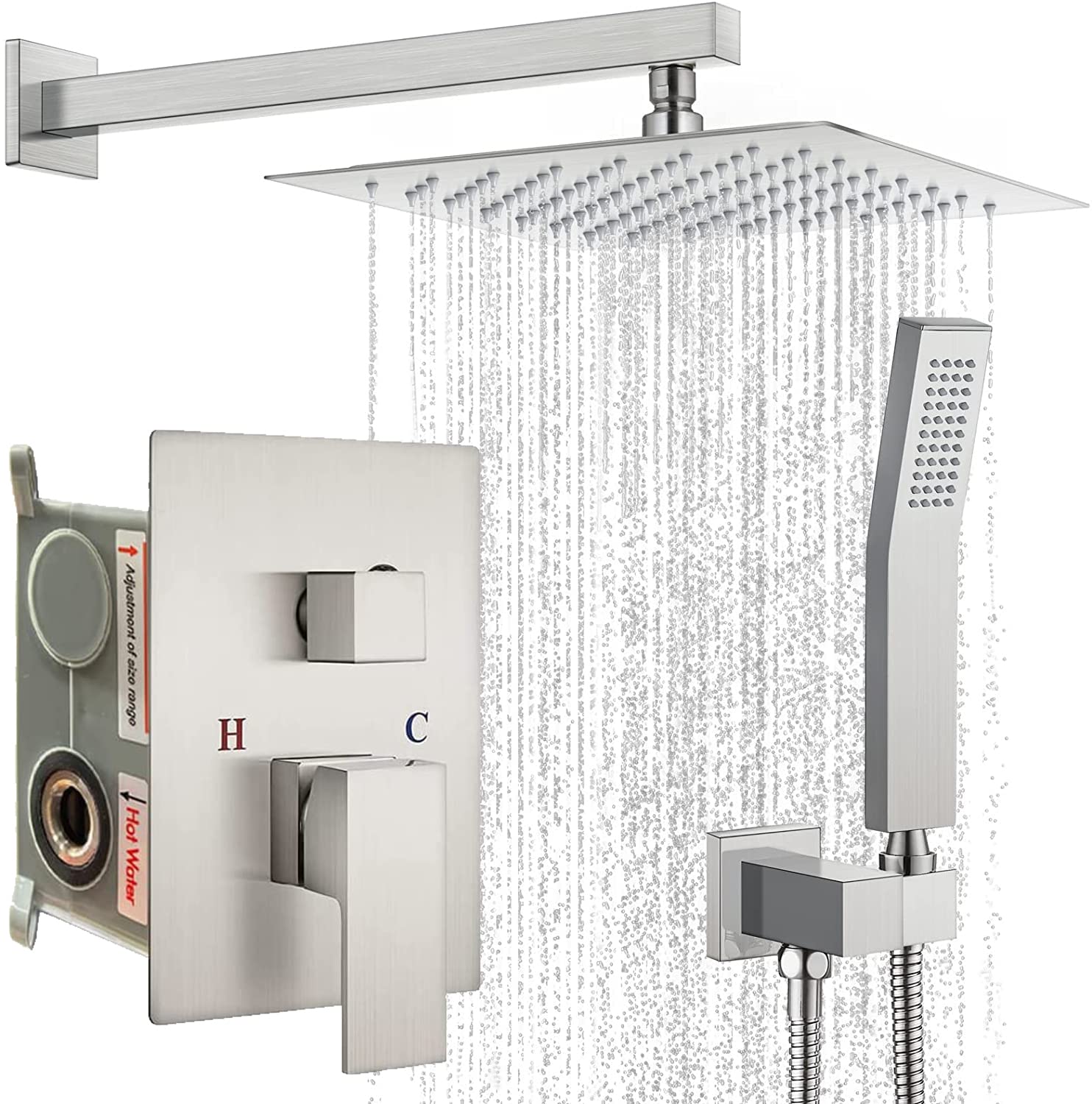 Grifos Ducha Empotrados Set- UCMDA Sistema de Ducha Mezclador, Conjunto de Ducha, Cabeza de Ducha Cuadrada de 10 Pulgadas y Rociador Ducha Mano Incluida Válvula Empotrada Kit (Nickel Cepillado)